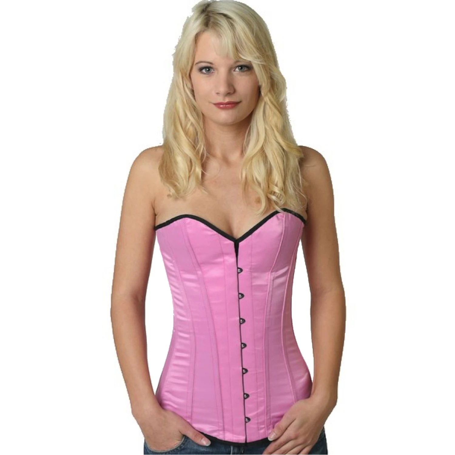 Modelo vestindo um elegante corset busto completo de cetim pink com forro interno de algodão