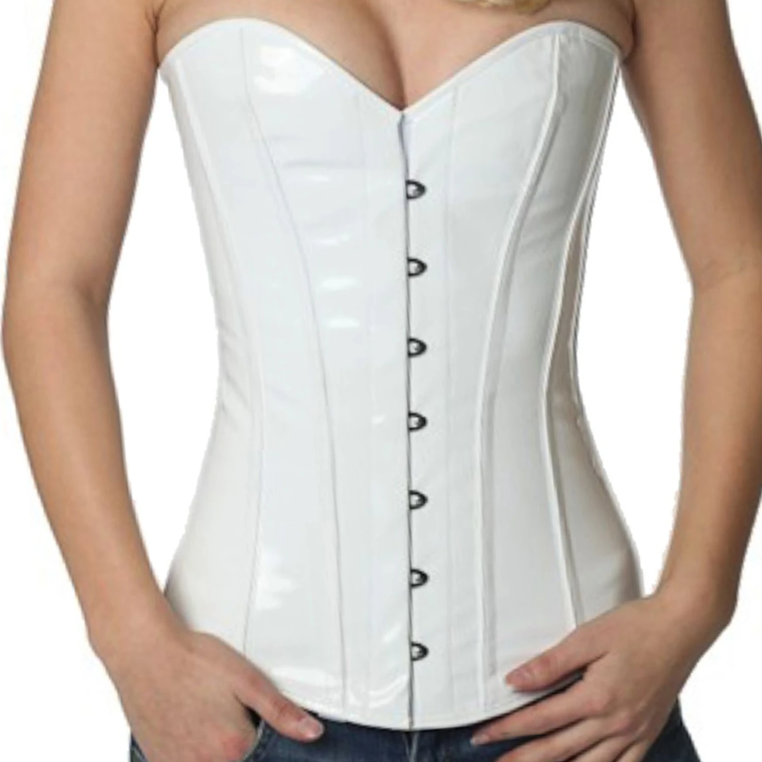 Espartilho de busto completo em verniz branco – espartilho de cintura em branco brilhante Autêntico corset busto completo em verniz brilhante em branco para redução de cintura