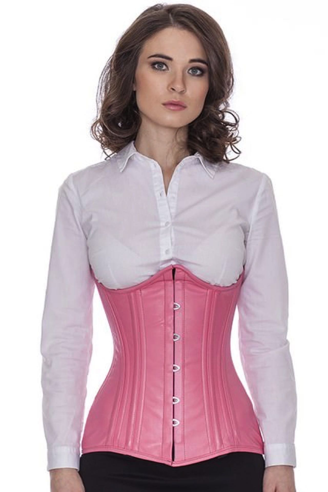 Vaaleanpunainen nahkakorsetti rintojen alle kaareva korsetti Vaaleanpunainen nahkakorsetti rintojen alle kaareva korsetti