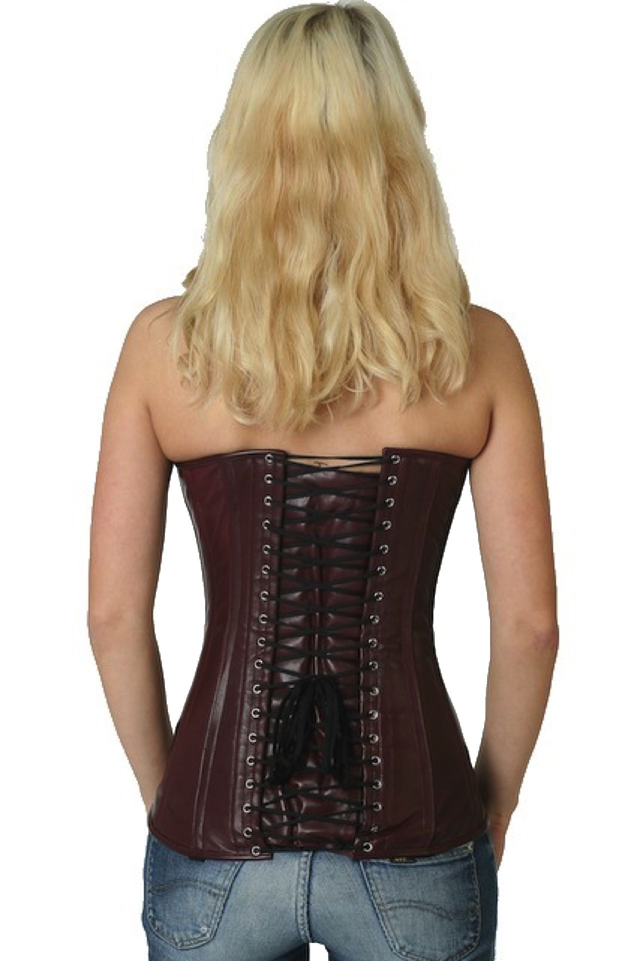 Corset red burgundy leather overbust ly24