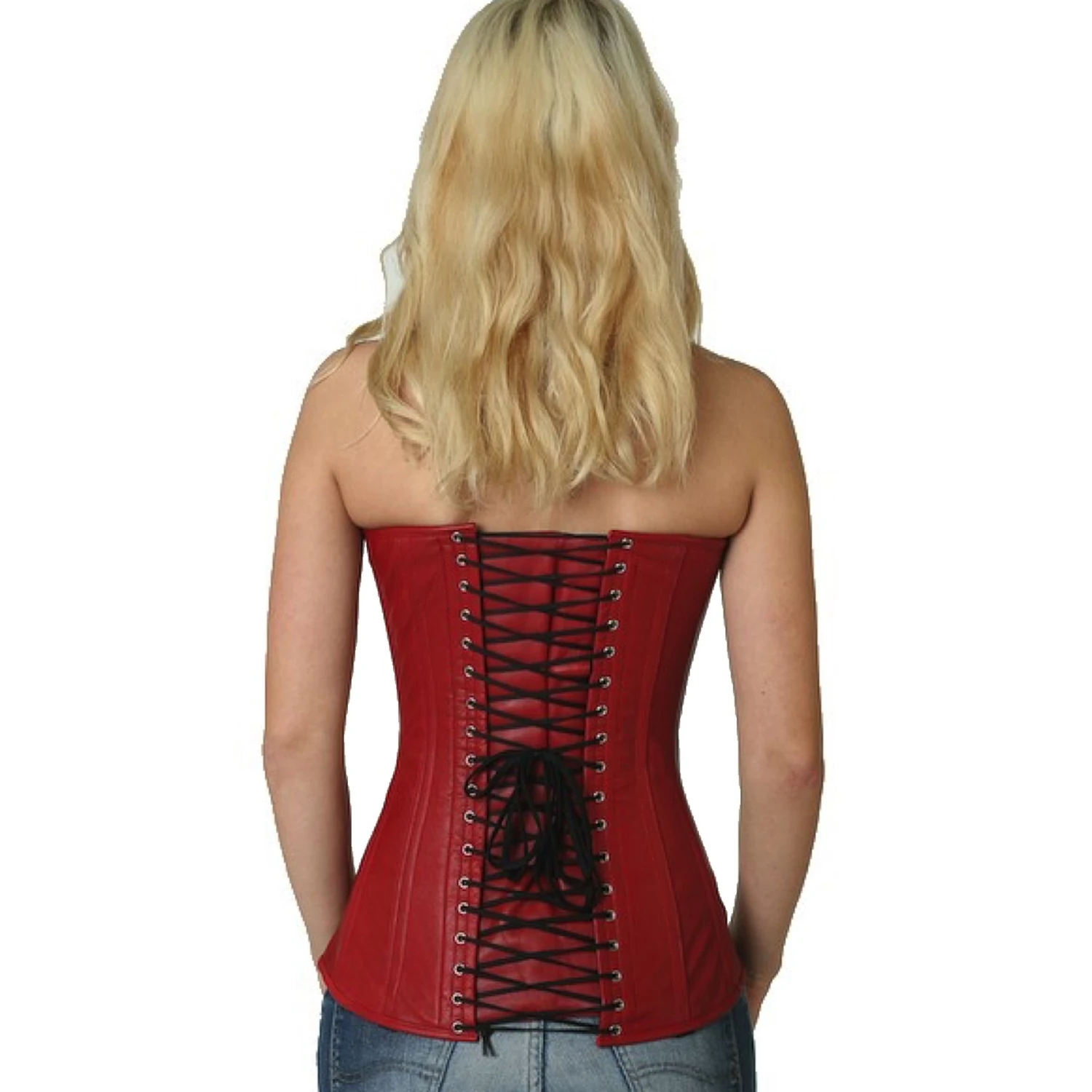 Espartilho de busto completo em couro genuíno vermelho Vista traseira na modelo para o corset de couro vollbrustkorsett em vermelho com amarração clássica nas costas e 14 barbatanas de aço inoxidável.