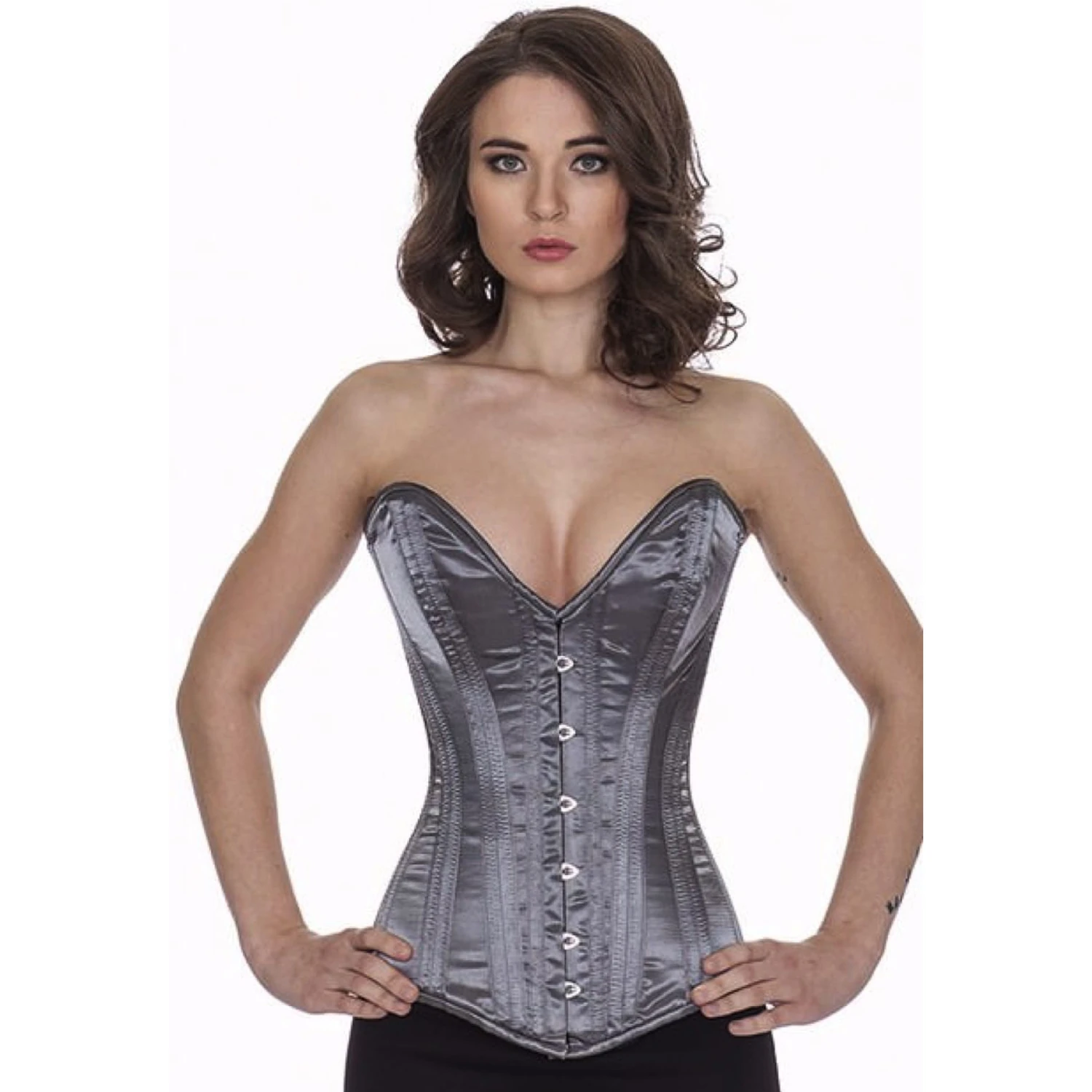 Model wearing an elegant satin plunge overbust corset in grey with cotton inner lining