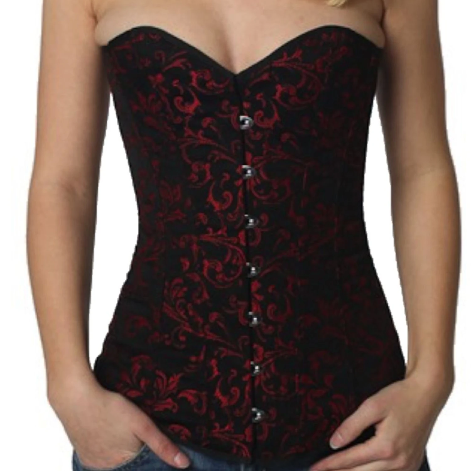 Red brocade overbust corset for a perfect silhouette Red brocade overbust corset for a perfect silhouette