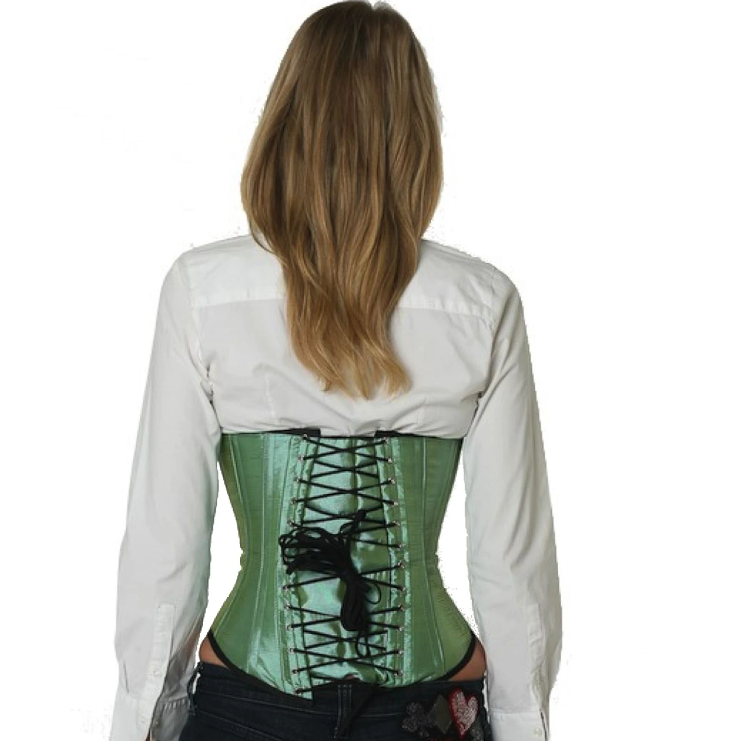 Back view of a model in a satin underbust tightlacing corset in light green with classic back lacing