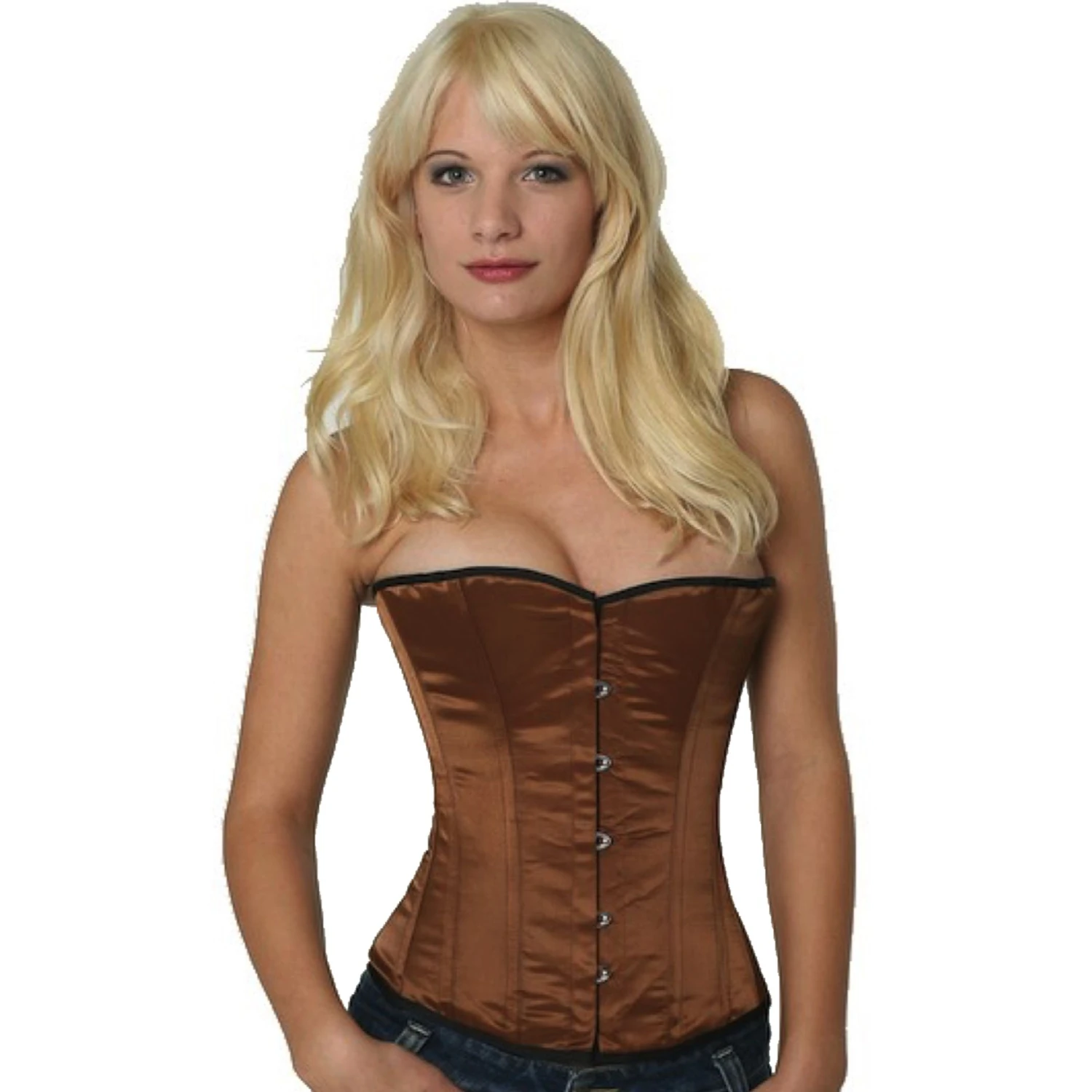 Korsett Brunt Sateng Half bust sh10 Modell har pa seg et elegant satin-halvbystekorsett i brun med bomullsfor på innsiden