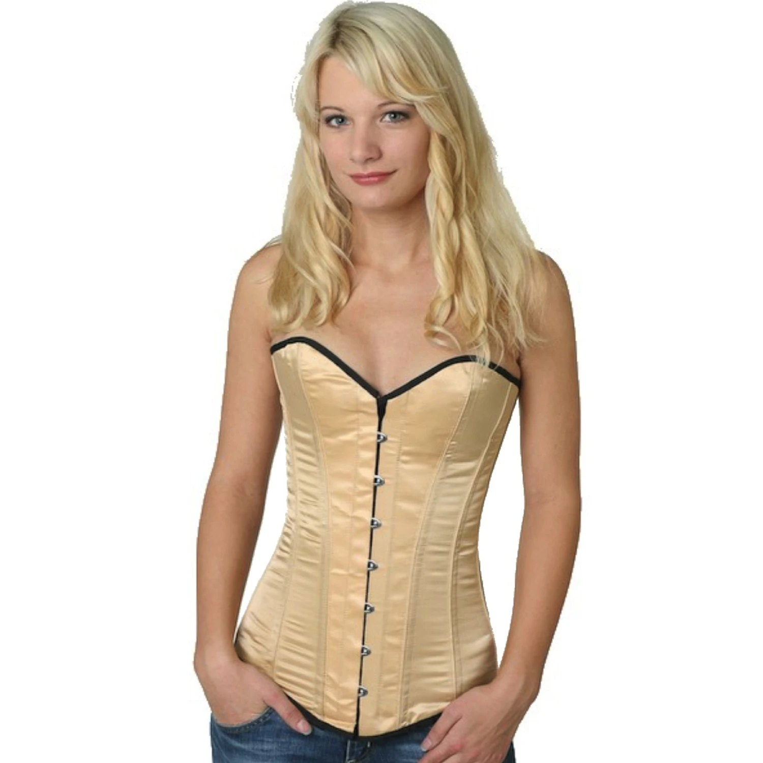 Overbust Satin Corset in Beige Model wearing an elegant satin overbust corset in beige with cotton inner lining