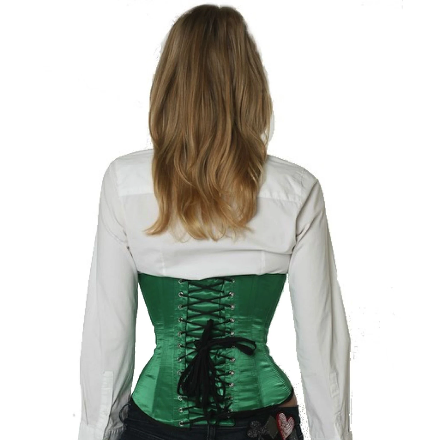 Espartilho Corset verde cetim su14 Vista traseira de uma modelo com corset de amarração em cetim sob o busto em verde com laços clássicos nas costas