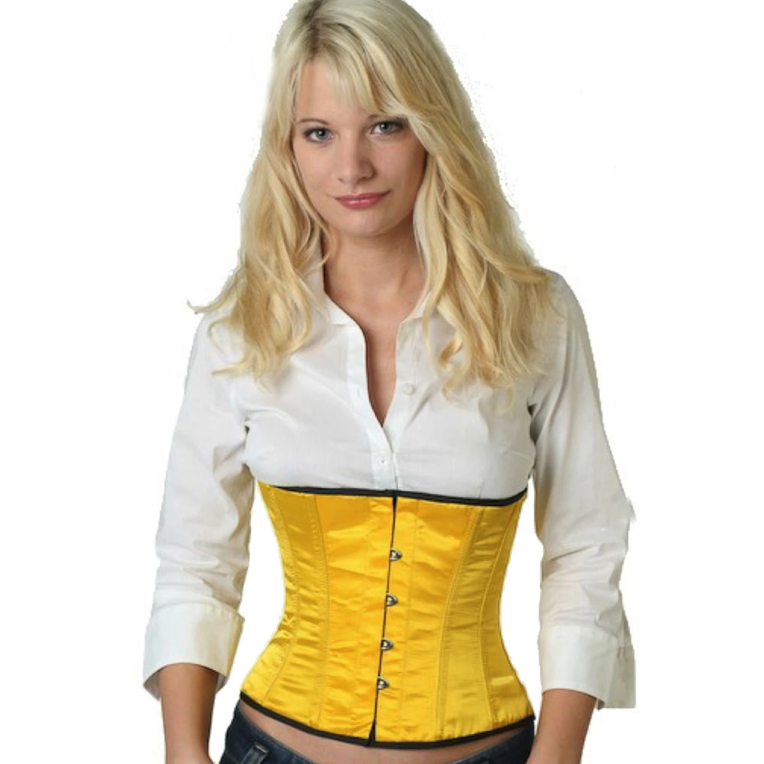 Modelo vestindo um elegante corset de cintura de cetim amarelo com forro interno de algodão