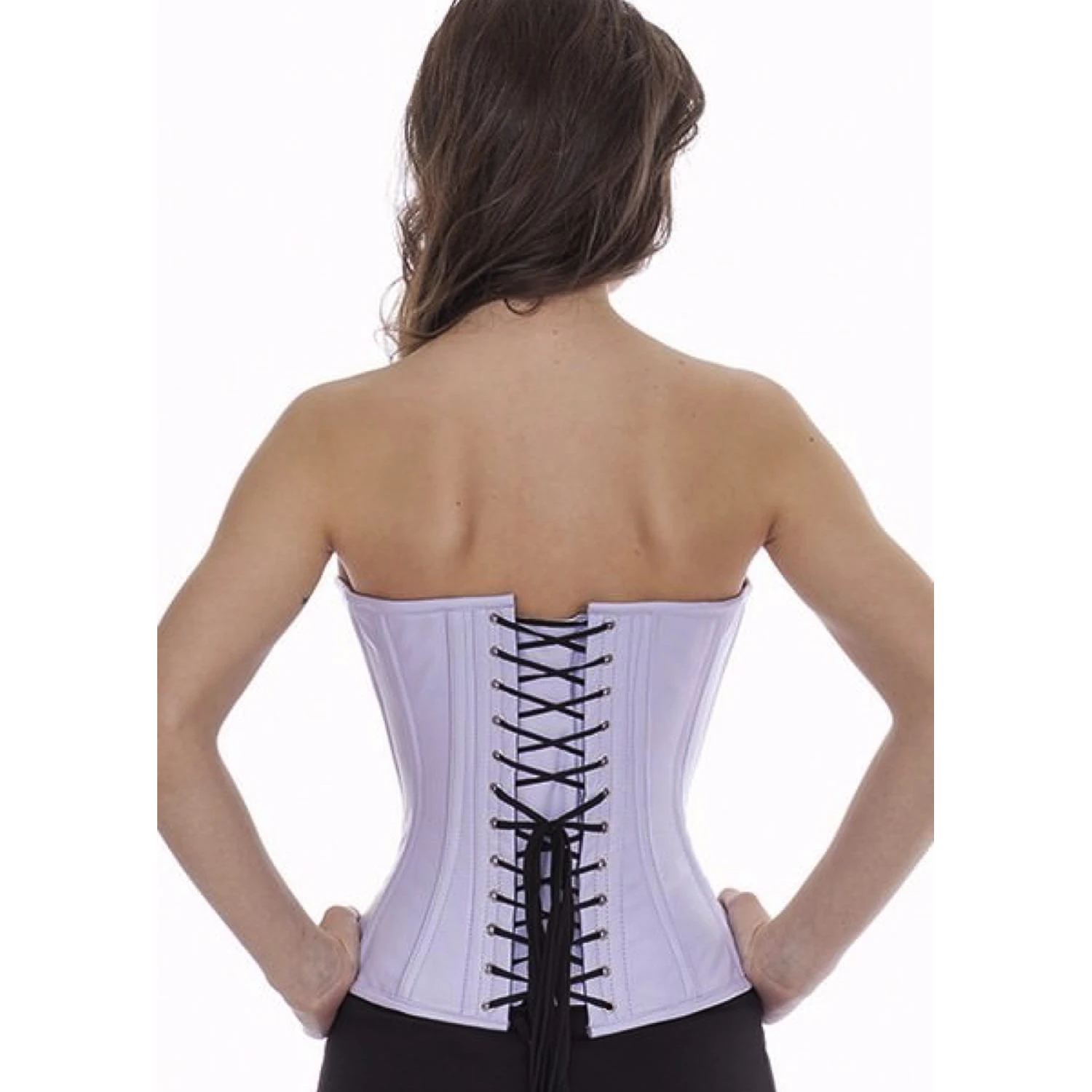 Espartilho meia-taça de couro violeta-claro Vista traseira da modelo com corset de lacinho de couro violeta claro e atacadores nas costas