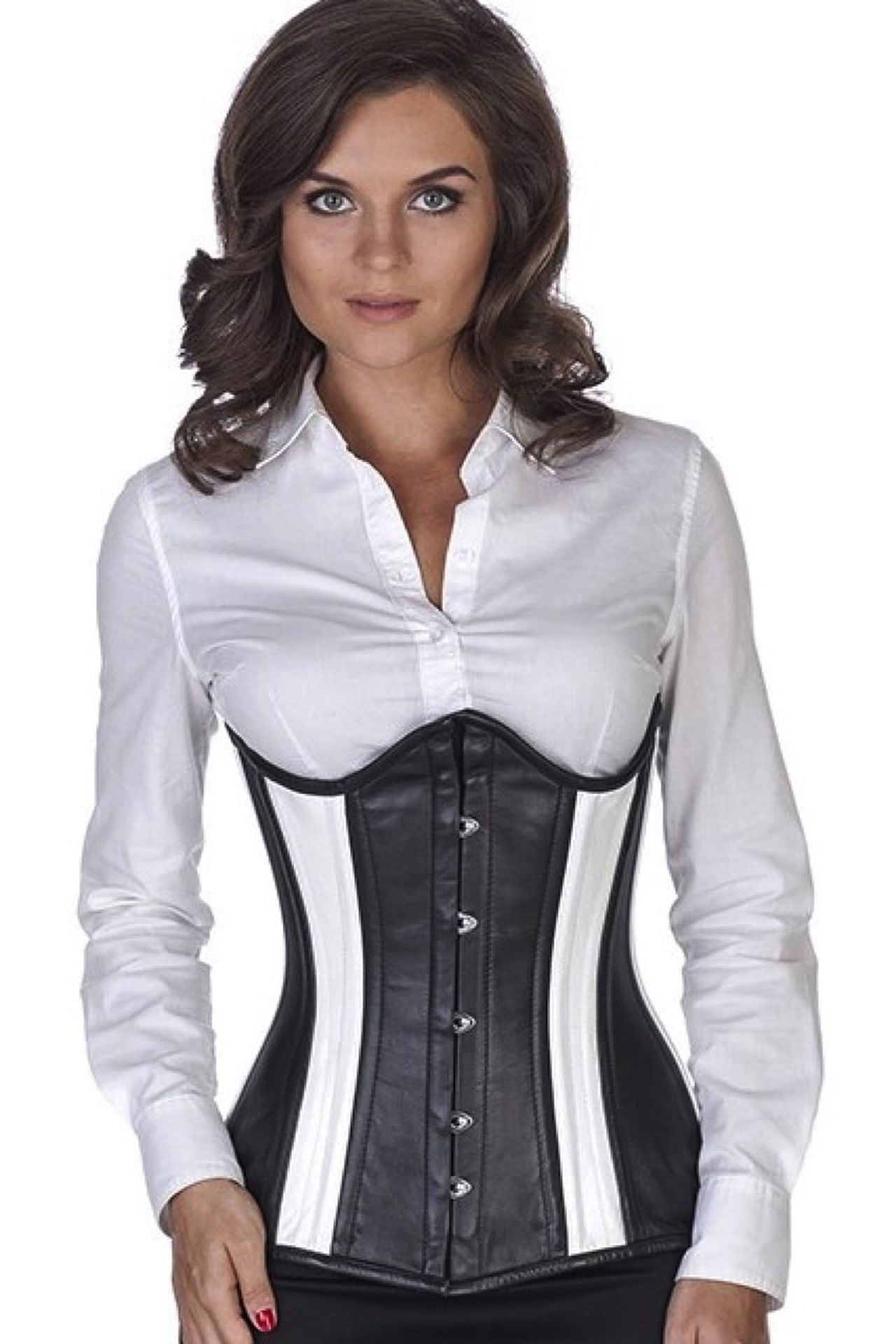 Corset black white leather curved underbust ln35