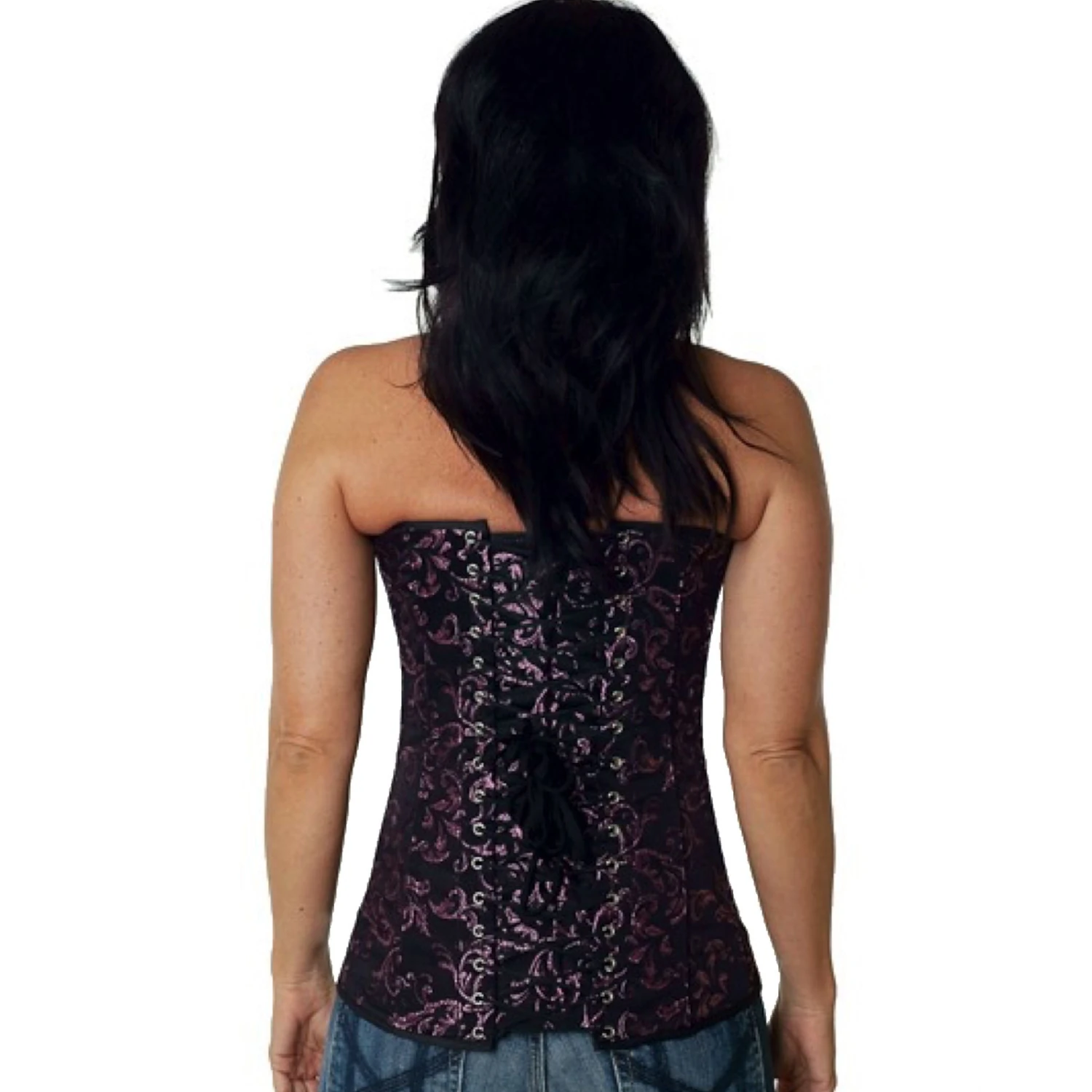 Overbust corset in pink brocade with stainless steel boning Back view of a model in an authentic brocade tightlacing full-bust corset in pink with classic back lacing