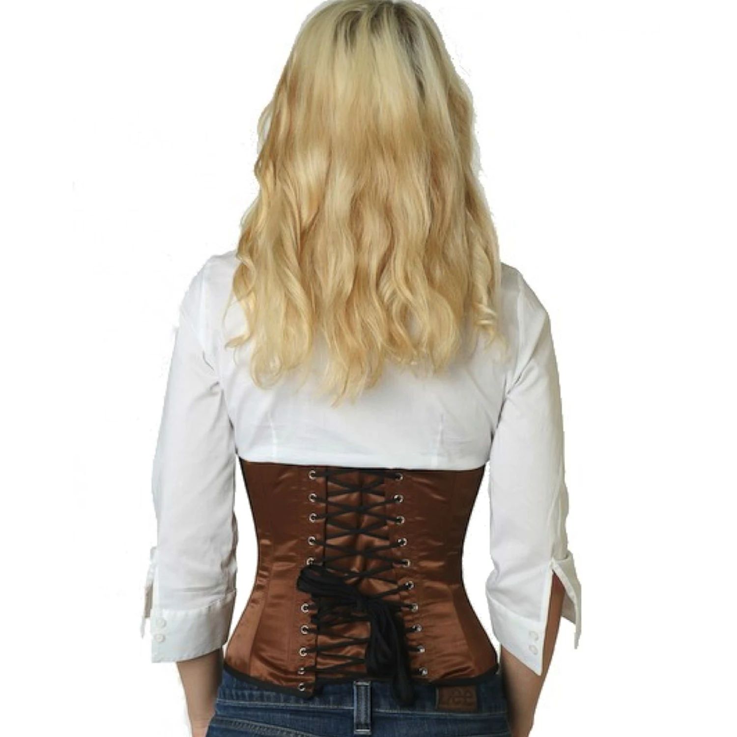 Satin Corset Waist Corset Brown – Elegant Sheen & Perfect Fit Back view of a model in a satin waist cincher tightlacing corset in brown with classic back lacing