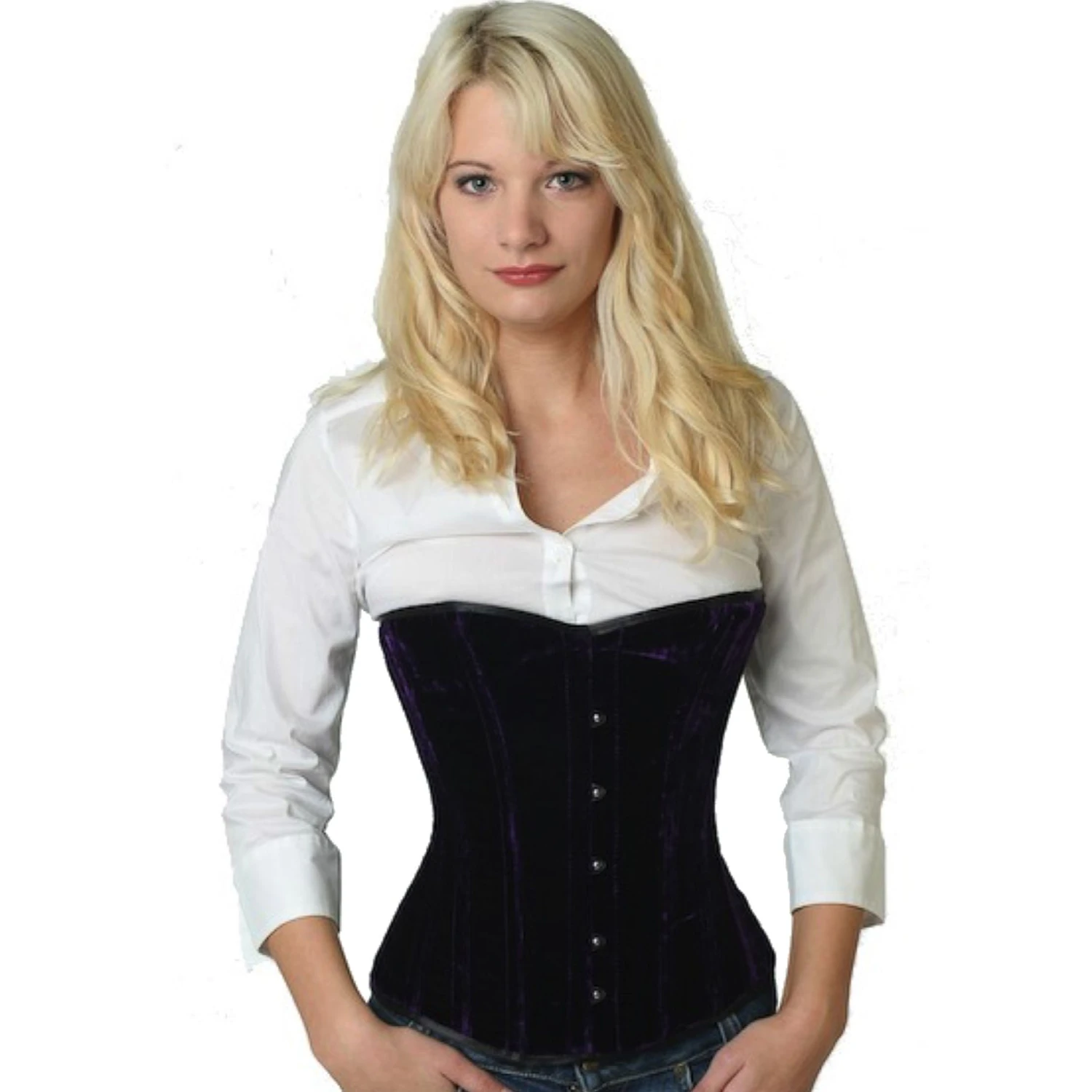 Half-bust velvet corset in violet Model wearing an elegant velvet demi-bust corset in purple with cotton inner lining