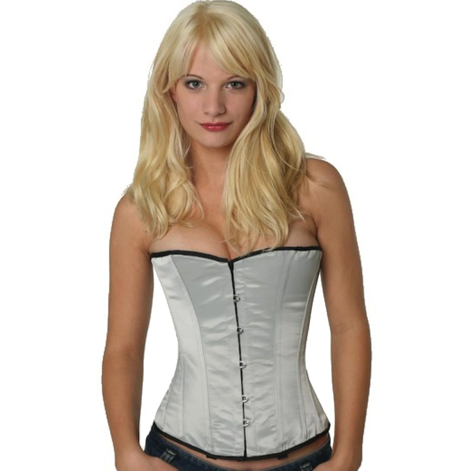 Satin Corset Half-Bust Corset Grey Model wearing an elegant satin half-bust corset in grey with cotton inner lining