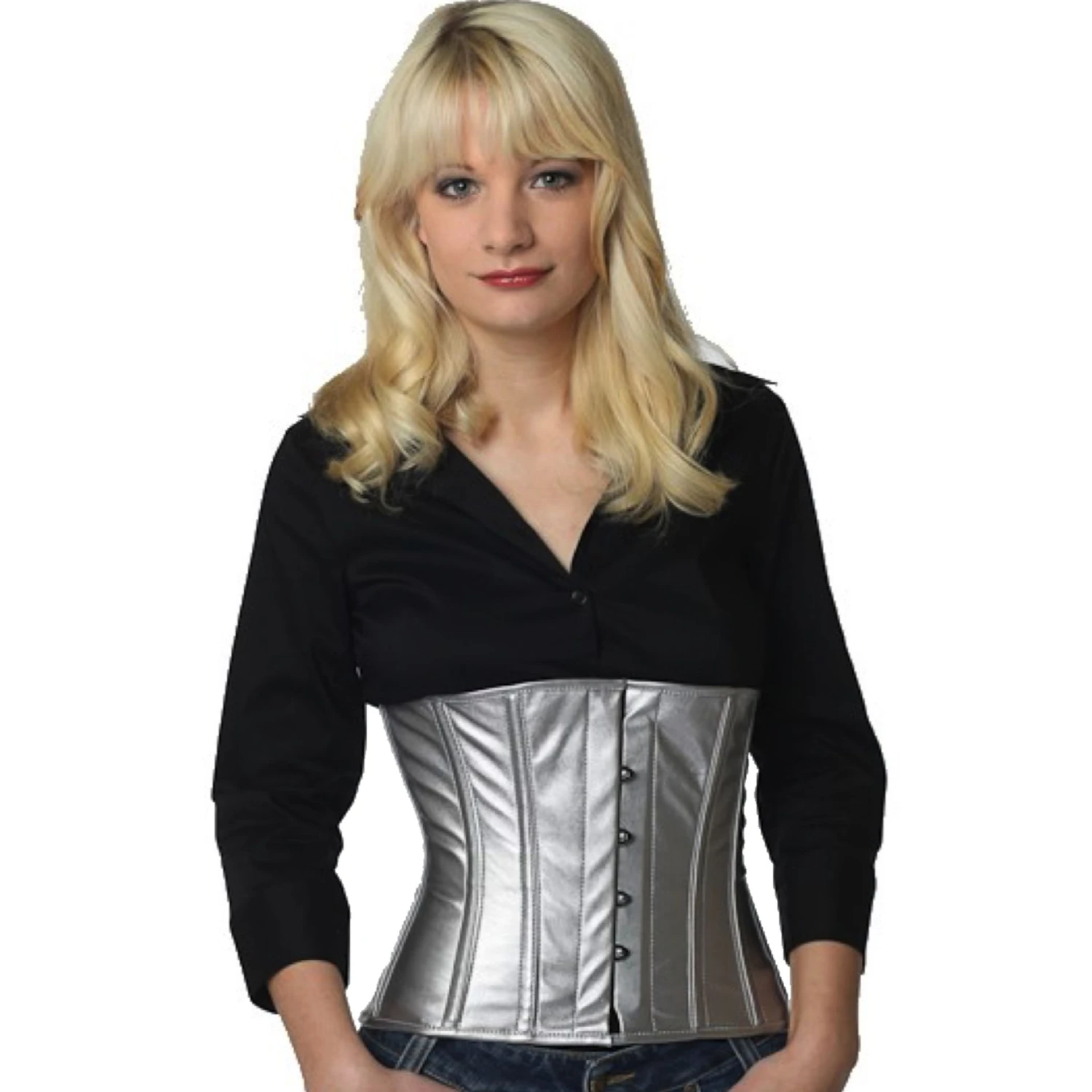 Model wearing a short vinyl waist cincher corset in silver with cotton inner lining