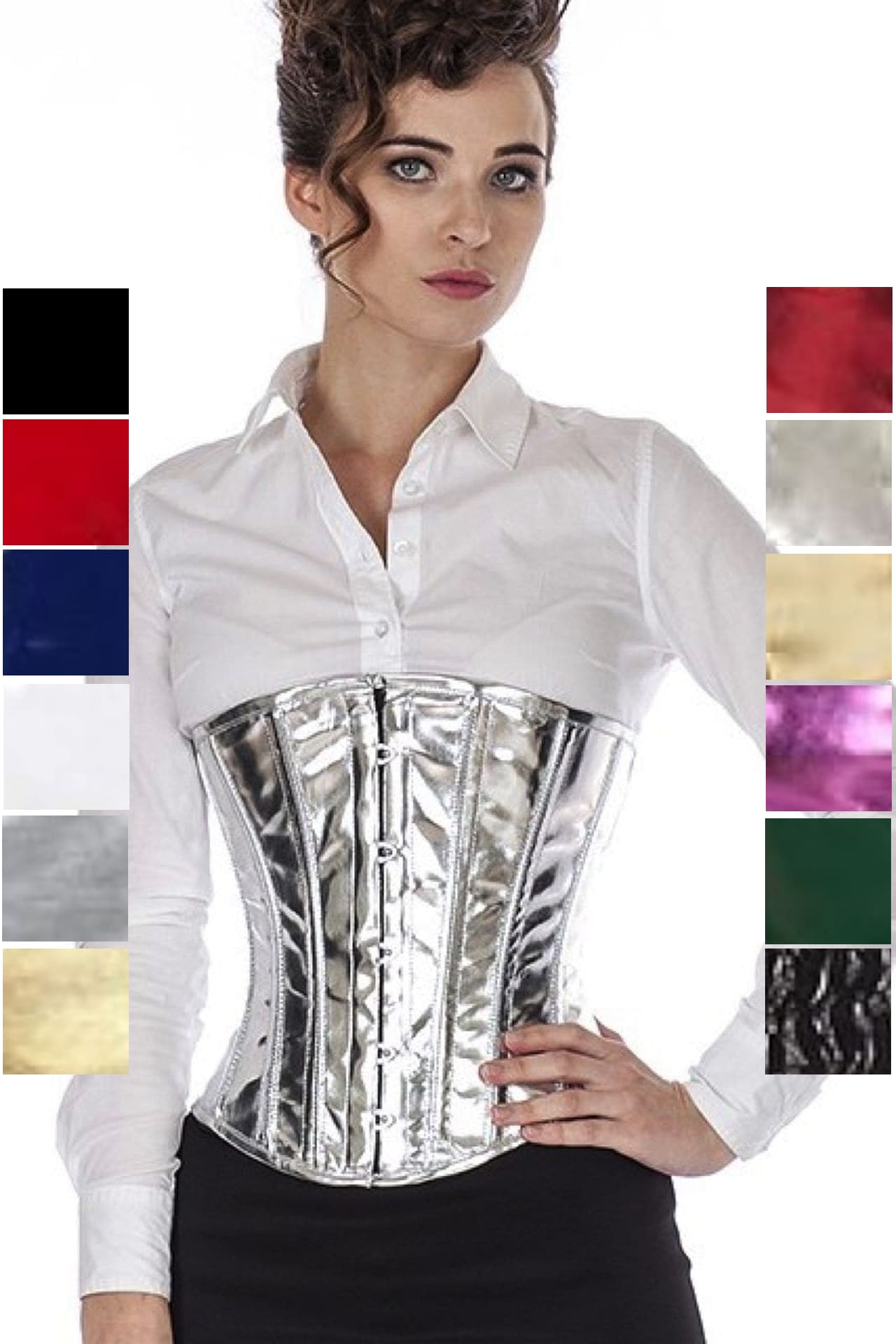 Corsage Korsett Lack Silber Unterbrust puG4