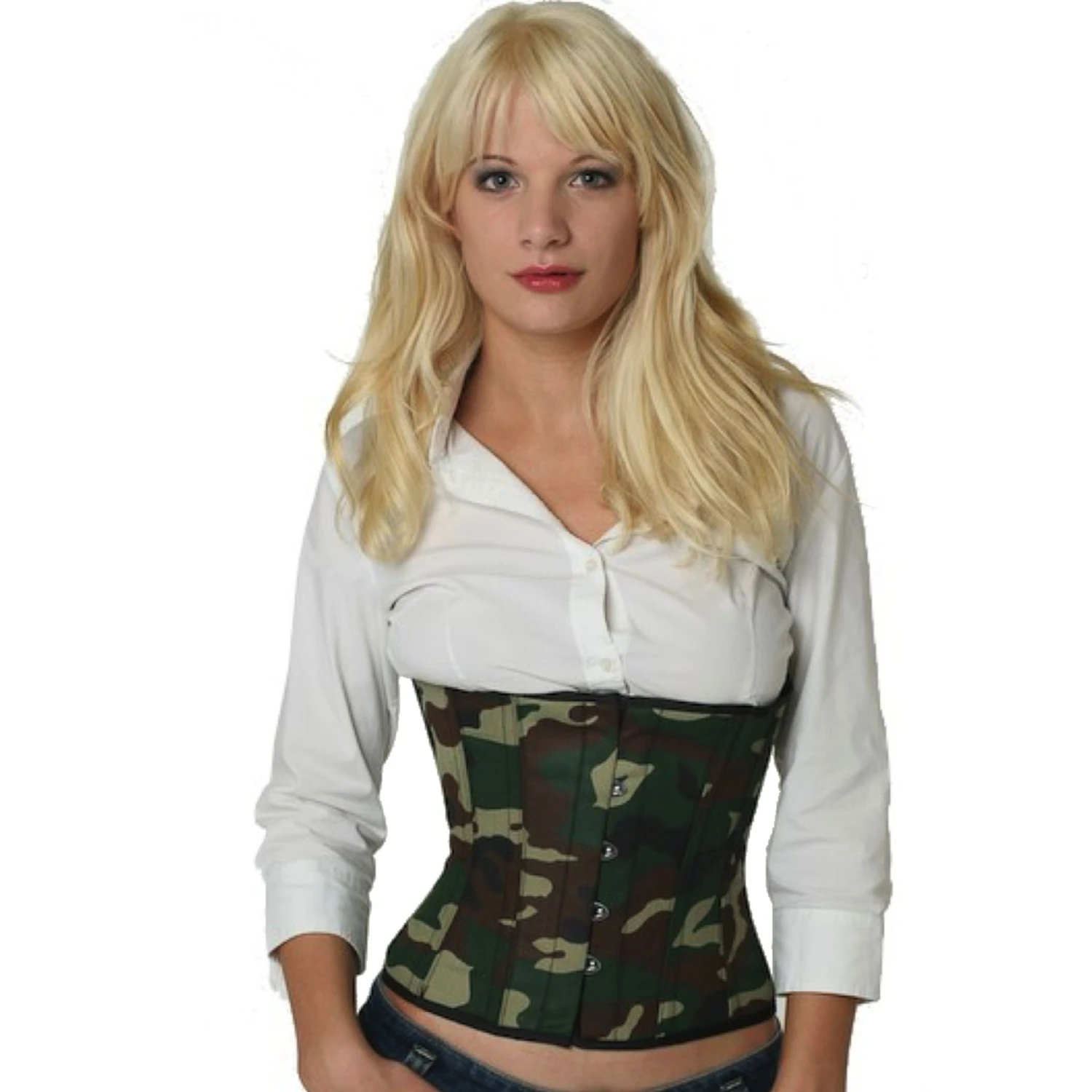 Korsett Kamuflasje Midje xw68 Rückansicht des Camouflage Vollbrustkorsetts am Modell mit klassischer Schnürung