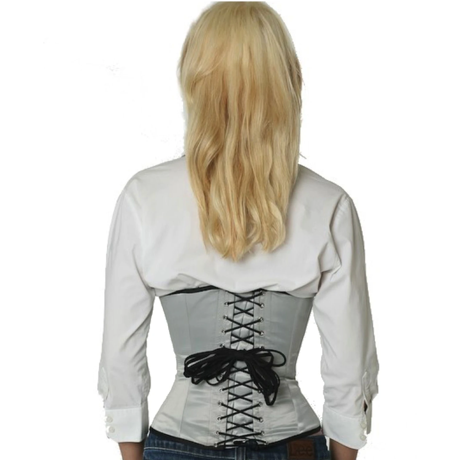 Espartilho Corset cinzento cetim sw01 Vista traseira de uma modelo com corset de amarração em cetim cintura em cinza com laços clássicos nas costas