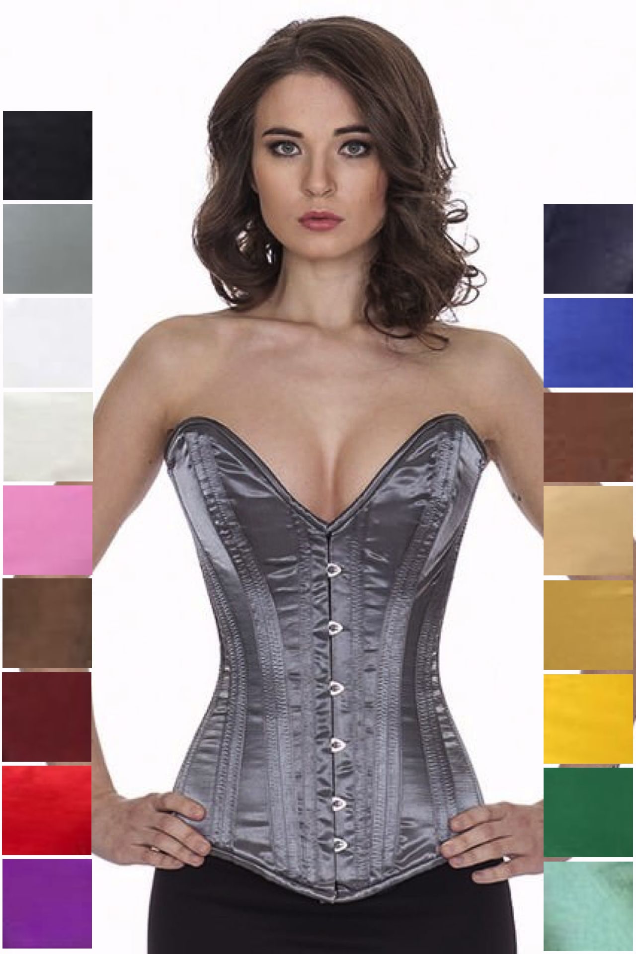 Corset grey satin overbust plunge corset sl01