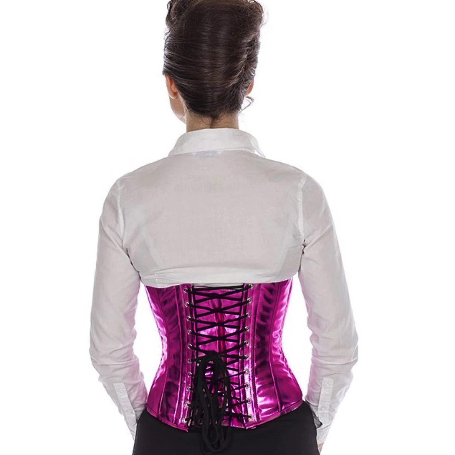 Vista traseira de uma modelo com um autêntico corset de amarração de cintura em Pink glitter com laços nas costas