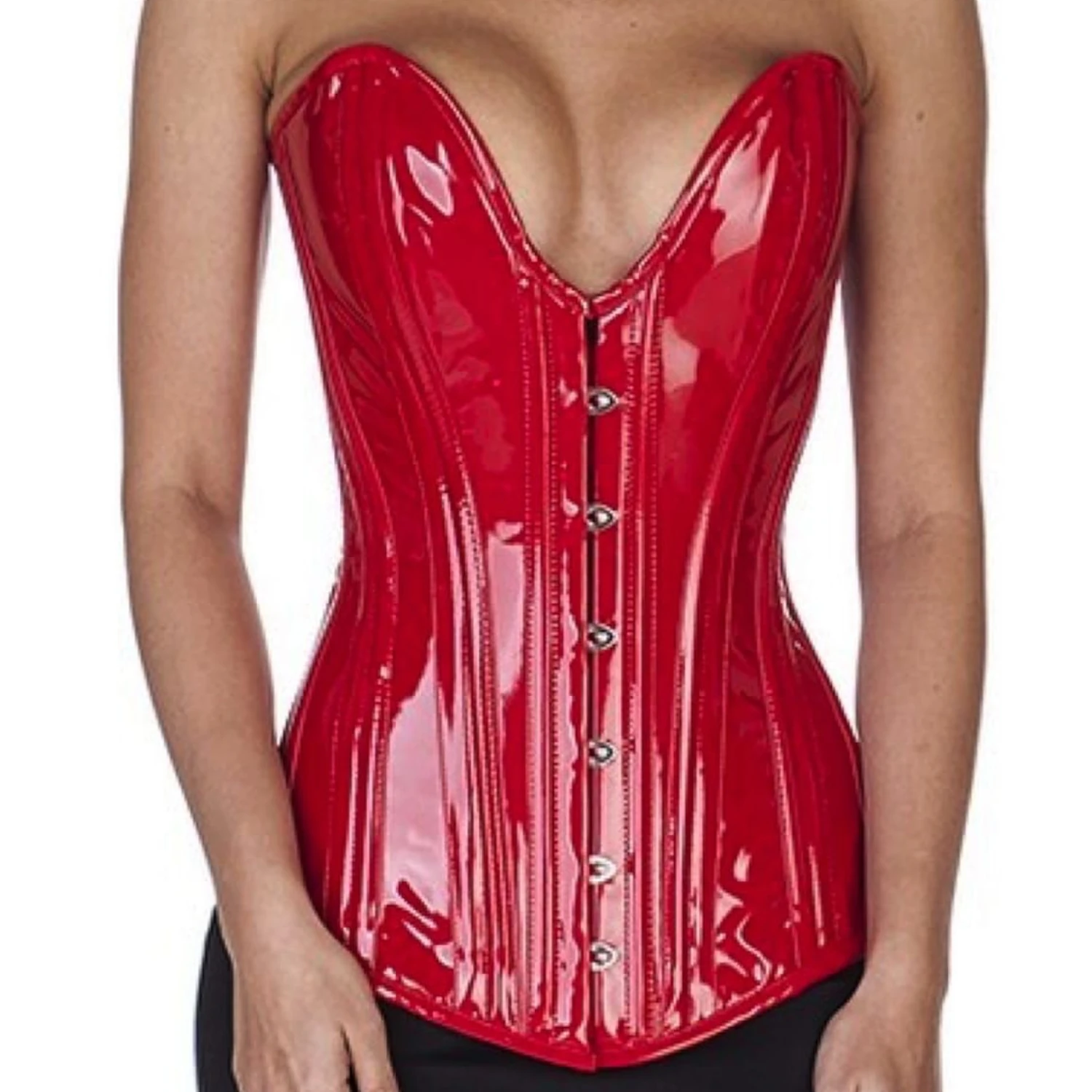 Lackkorsett Vollbrustkorsett mit tiefem Ausschnitt Plunge Rot Echtes Vollbrustkorsett aus glänzendem Lackstoff in Rot mit tiefem Plunge-Ausschnitt zur Taillenreduktion