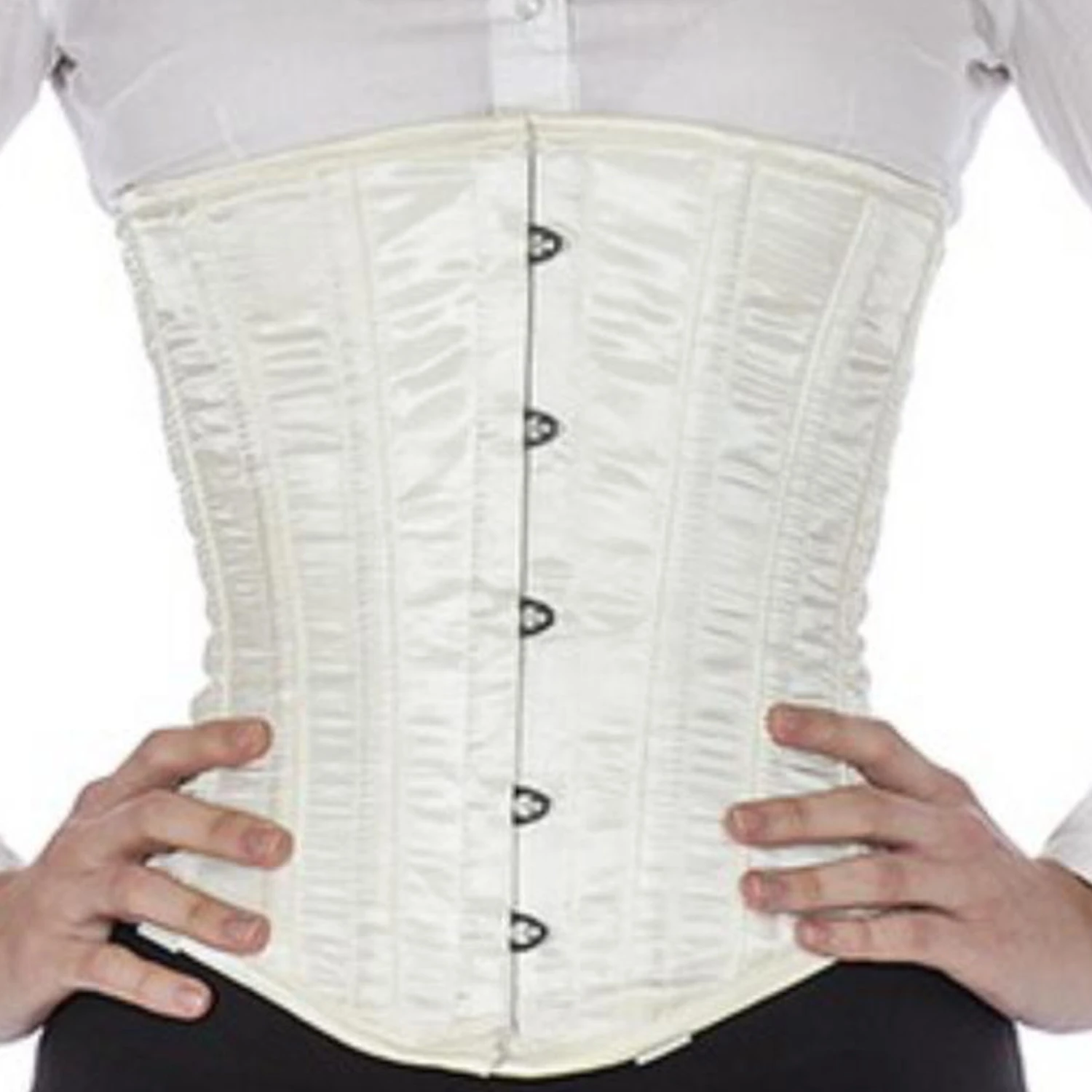 Satiinikorsele vyötärökorsetti ivory/samppanja – juhlavaa kiiltoa ja jalo siluetti Aito kiiltava satiininkankainen underbust-korsetti norsunluunvarisena vyotaron kavennukseen