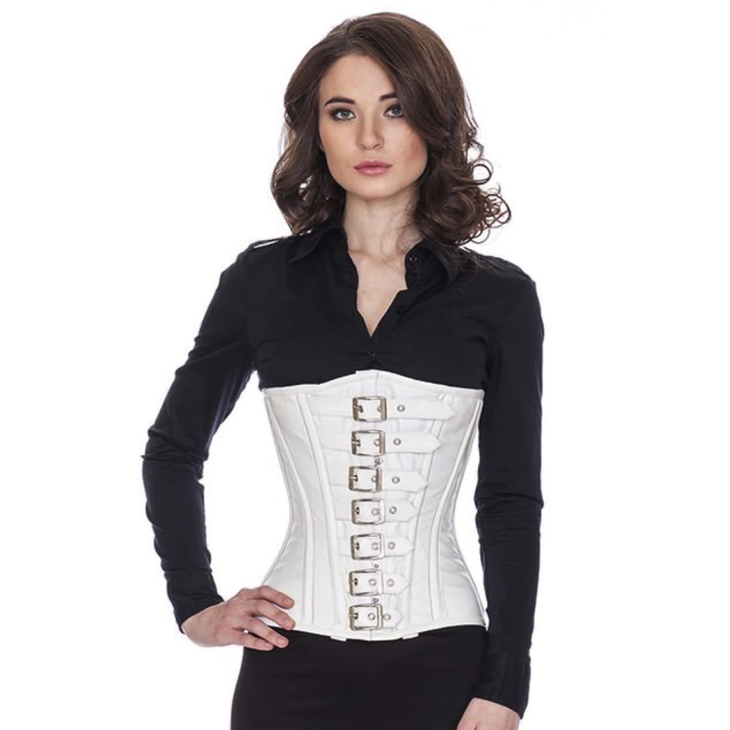 Korsett Hvit Corsage Lær Underbust med Spenner Modell i hvit underbystekorsett av laer med spenner sett forfra