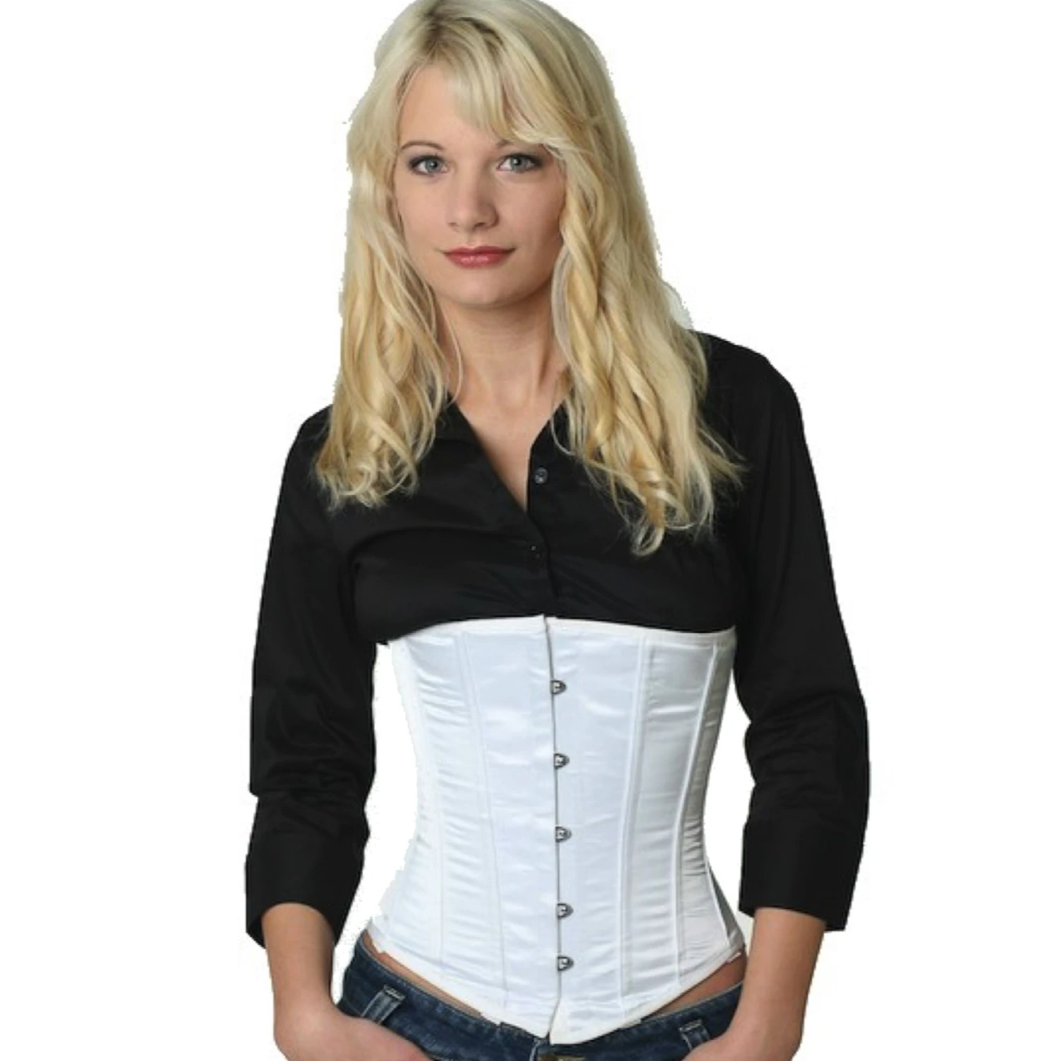 Satin Underbust Corset White – Elegant Silhouette Made from Luxurious Satin Model wearing an elegant satin underbust corset in white with cotton inner lining