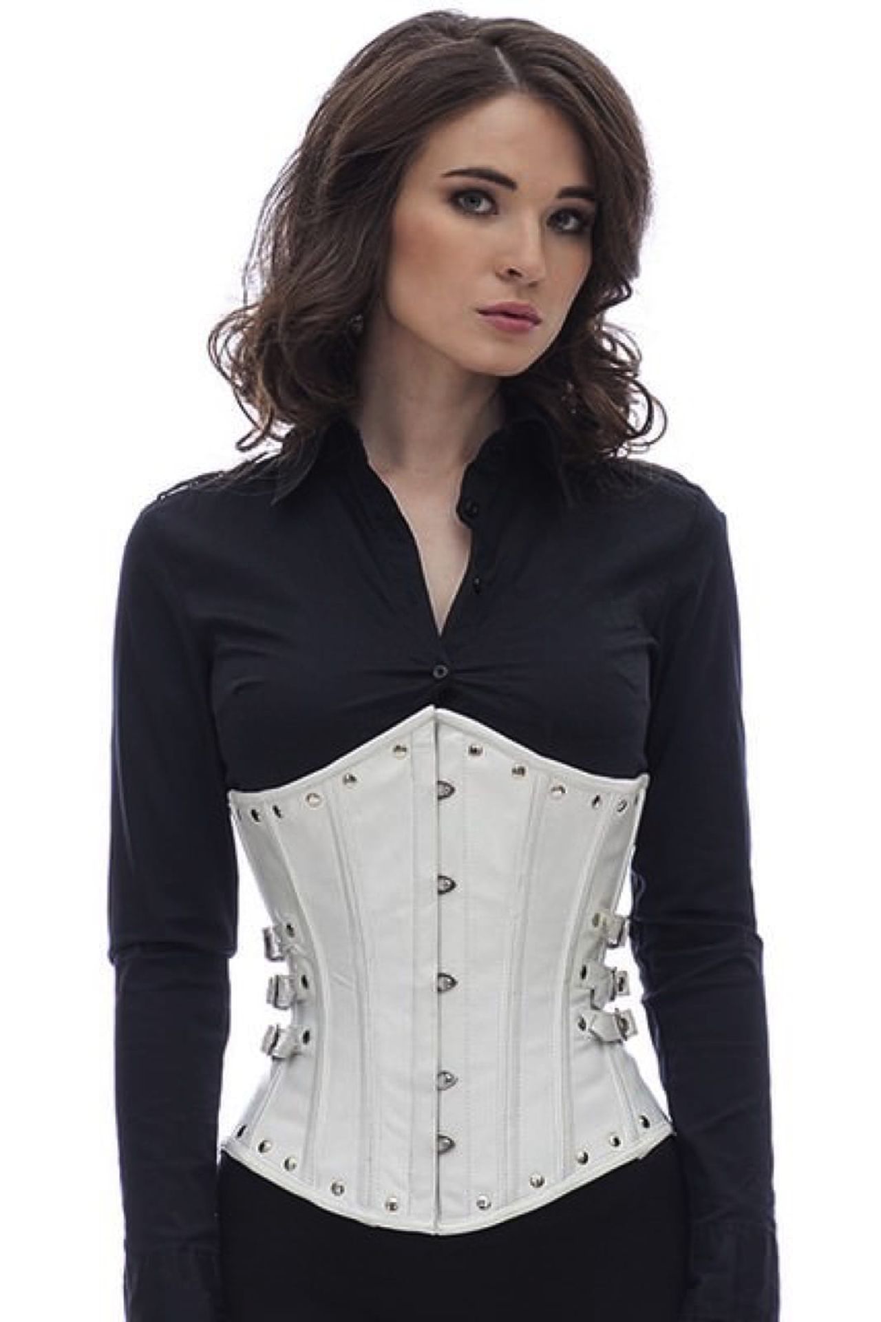Corset white leather underbust with rivets and side buckles lg21