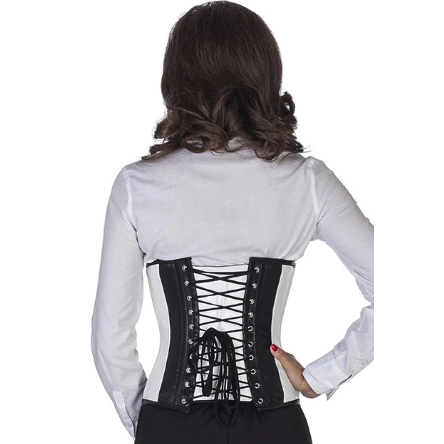 Espartilho de couro Espartilho de cintura Preto/Branco Vista traseira na modelo para o corset de couro taillenkorsett em preto/branco com amarração clássica nas costas e 10 barbatas de aço inoxidável.