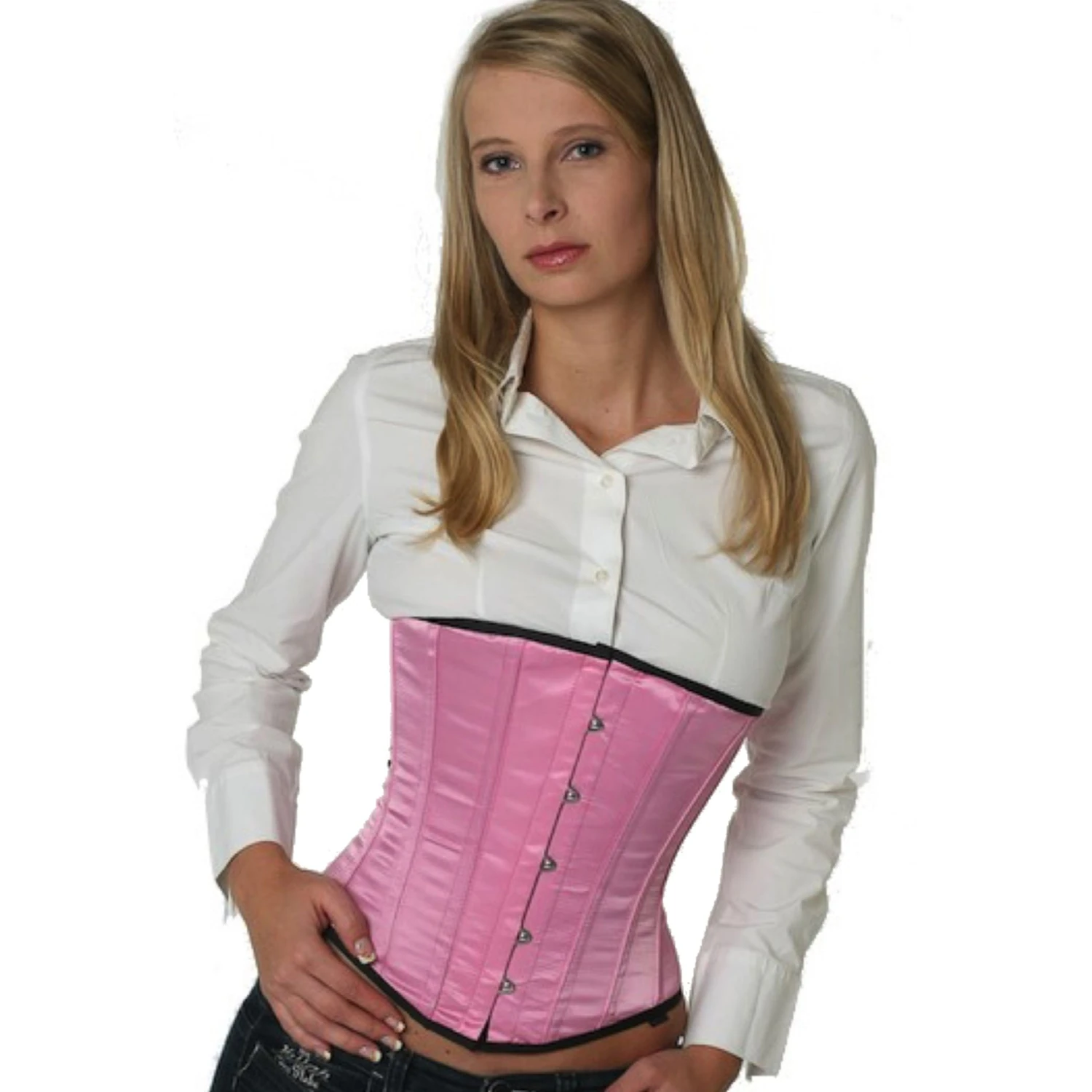 Satinkorsett Unterbrustkorsett Rosa – Feminine Eleganz in zartem Pastell Modell trägt ein elegantes Satin-Unterbrustkorsett in pink mit Innenfutter aus Baumwolle