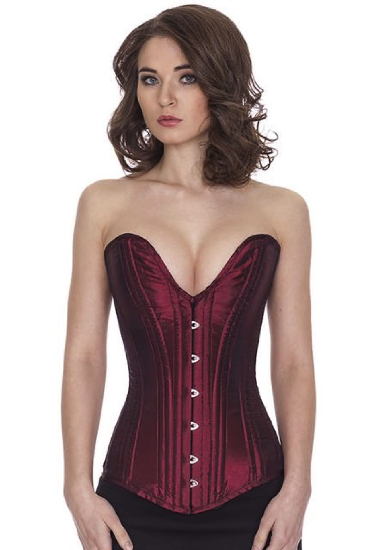 Corset red burgundy satin overbust plunge corset sl05