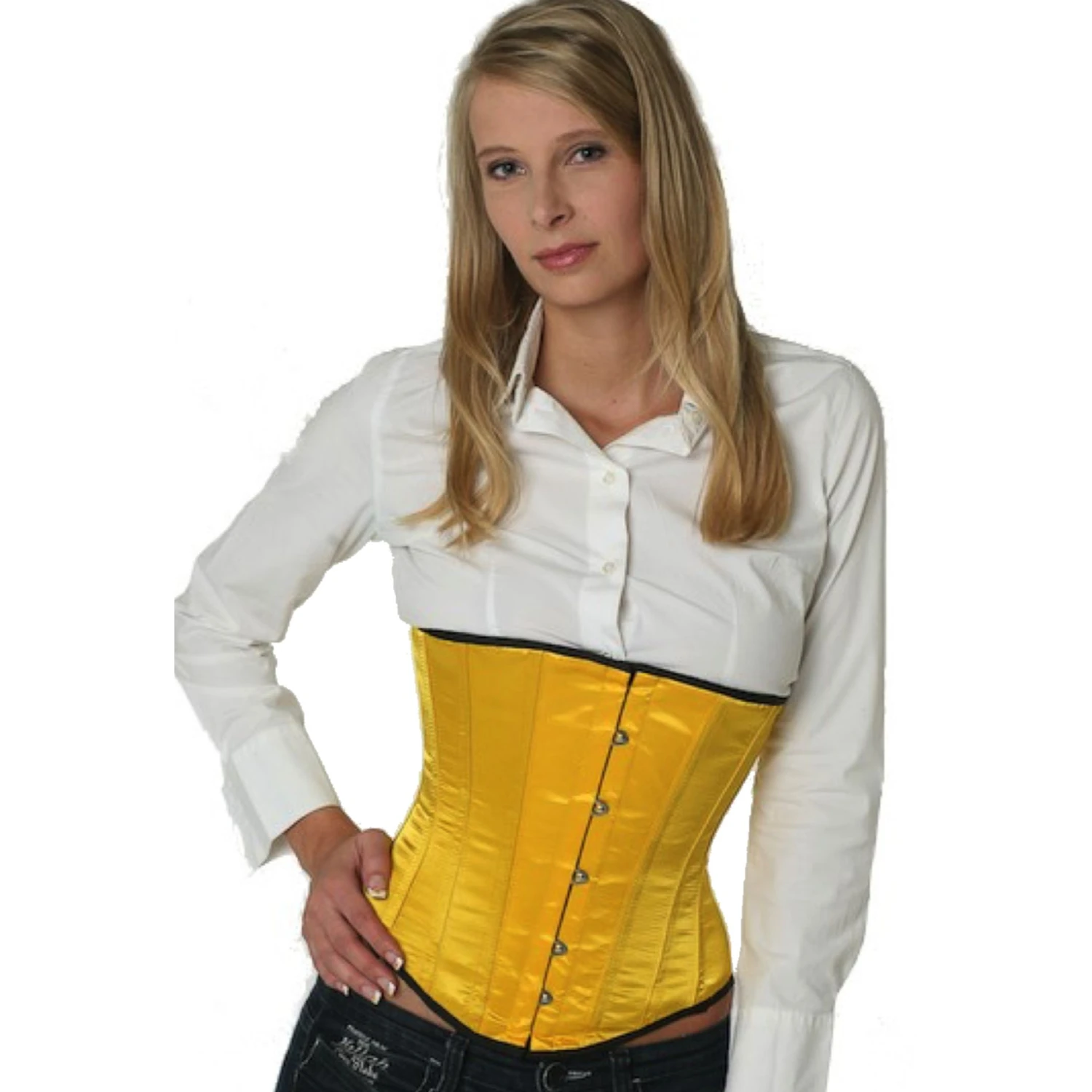 Satin Corset Underbust Corset Yellow/Mango – Vibrant Freshness & Breathtaking Silhouette Model wearing an elegant satin underbust corset in yellow with cotton inner lining