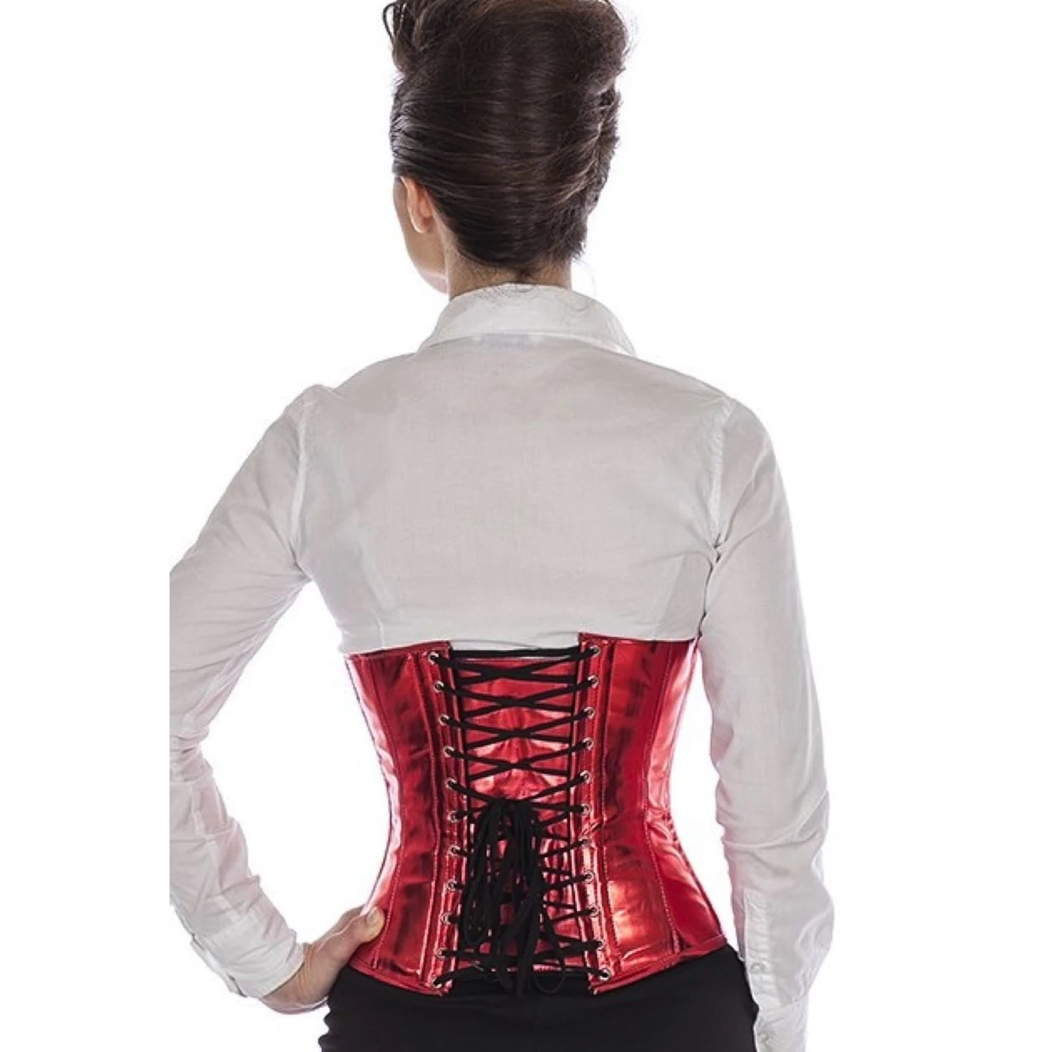 Corsé de Charol Corsé de Cintura Rojo Metalizado Vista trasera de una modelo con un auténtico corsé de cordones para la cintura en rojo glitter con lazada trasera