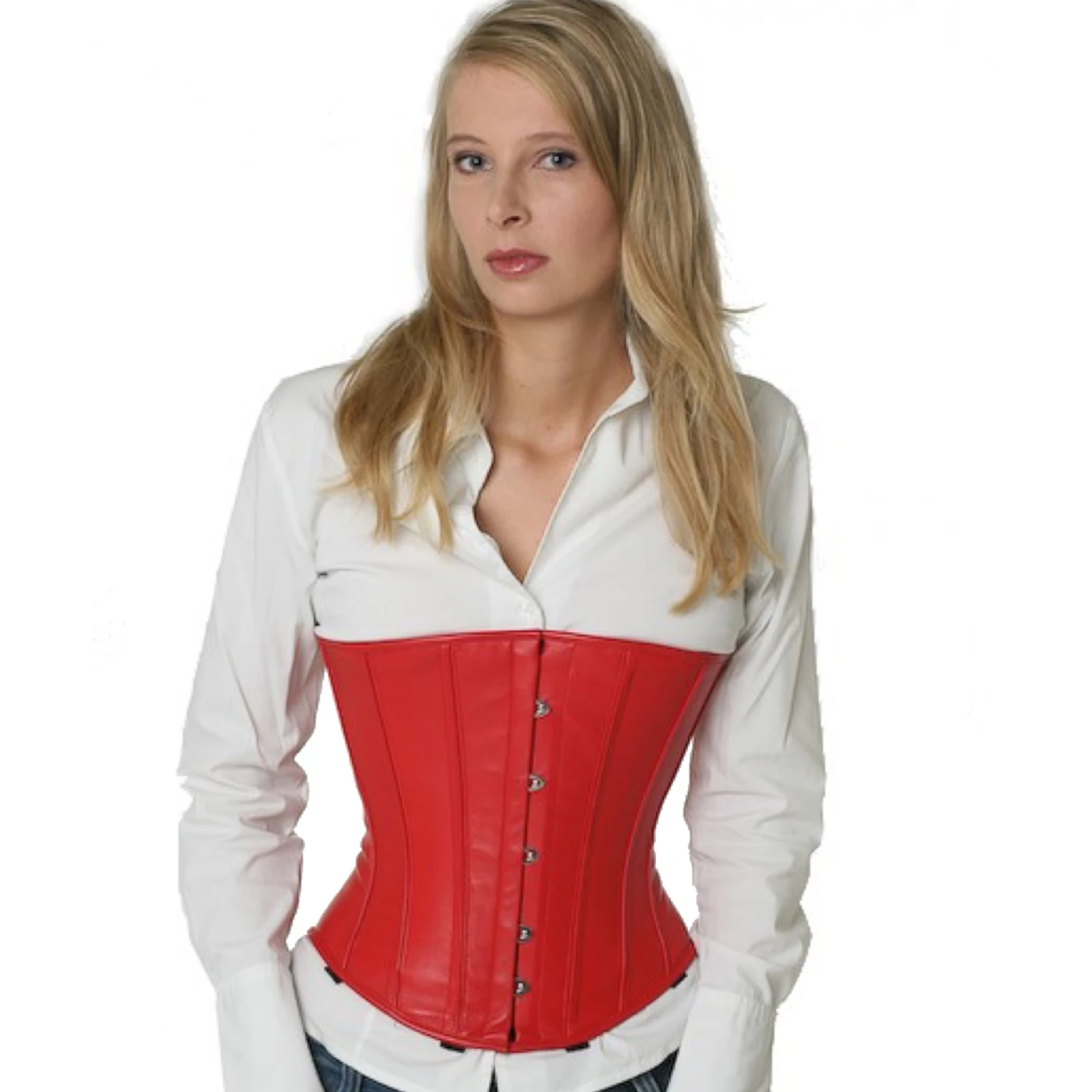 Espartilho de couro espartilho abaixo do busto vermelho – espartilho de couro legítimo com cordões Modelo vestindo o corset sob o busto de couro em vermelho. Corset de amarração autêntico para redução de cintura de até 10 cm, vista frontal.