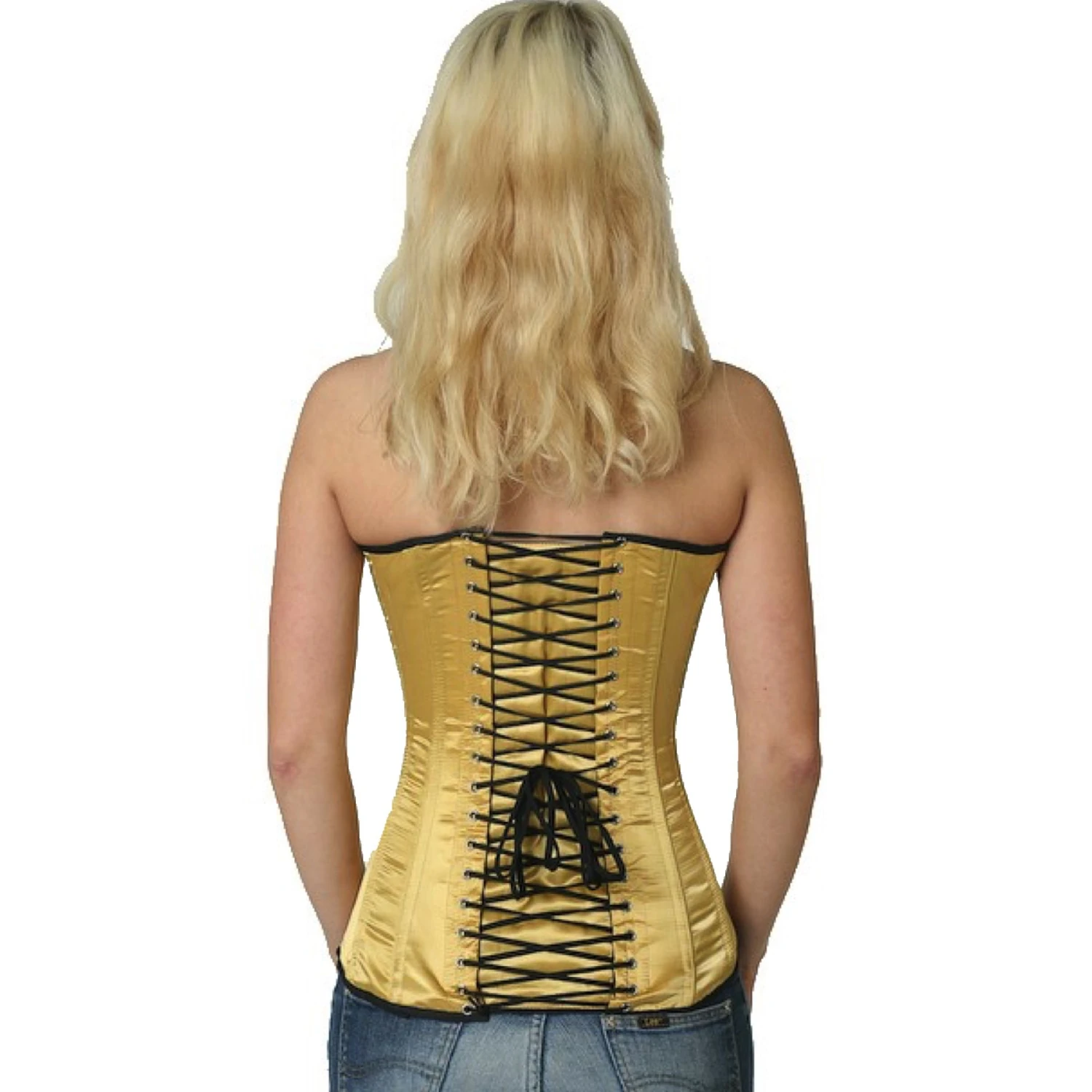 Satin Corset Overbust Corset Gold – Luxurious Lustre & Perfect Silhouette Back view of a model in a satin overbust tightlacing corset in gold with classic back lacing