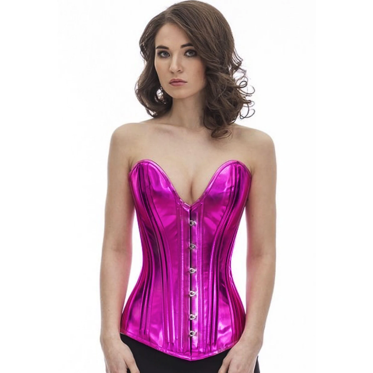 Corsé de vinilo de busto completo con escote plunge profundo – Rosa Modelo muestra la vista frontal de un elegante corsé de busto completo de charol Pink glitter con escote profundo y forro de algodón