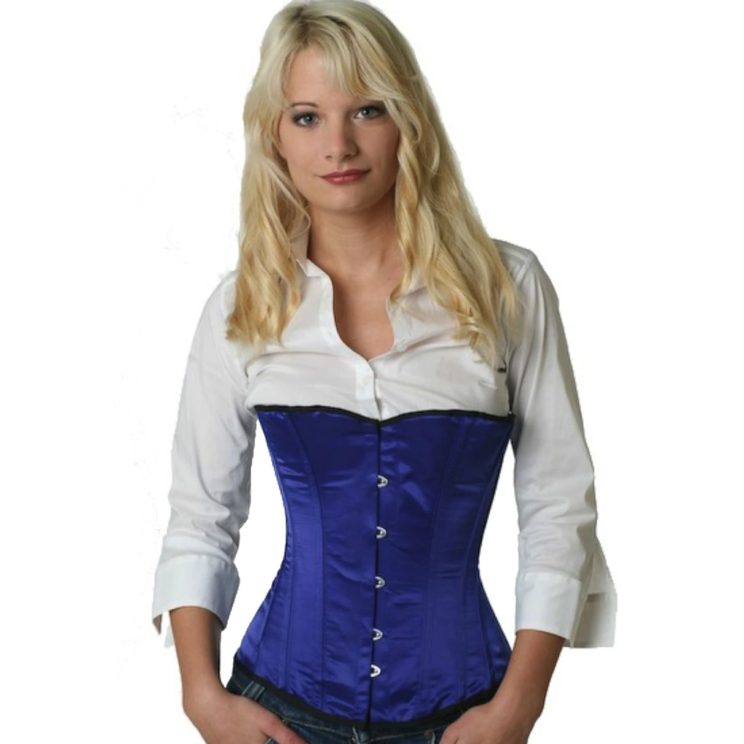Model wearing an elegant satin half-bust corset in blue with cotton inner lining