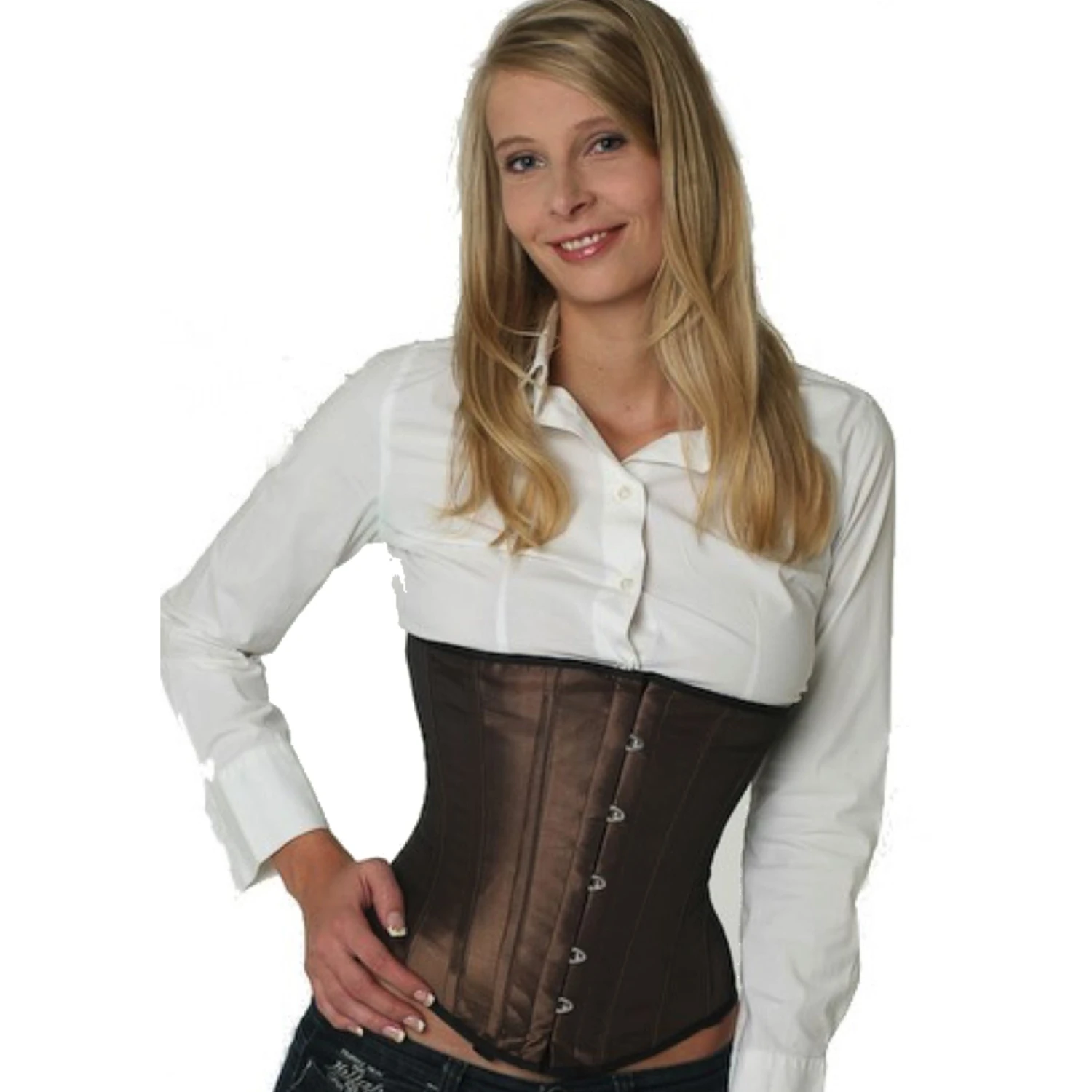 Satin corset underbust corset tea brown – warm earth tones with an elegant silky sheen Model wearing an elegant satin underbust corset in tea brown with cotton inner lining