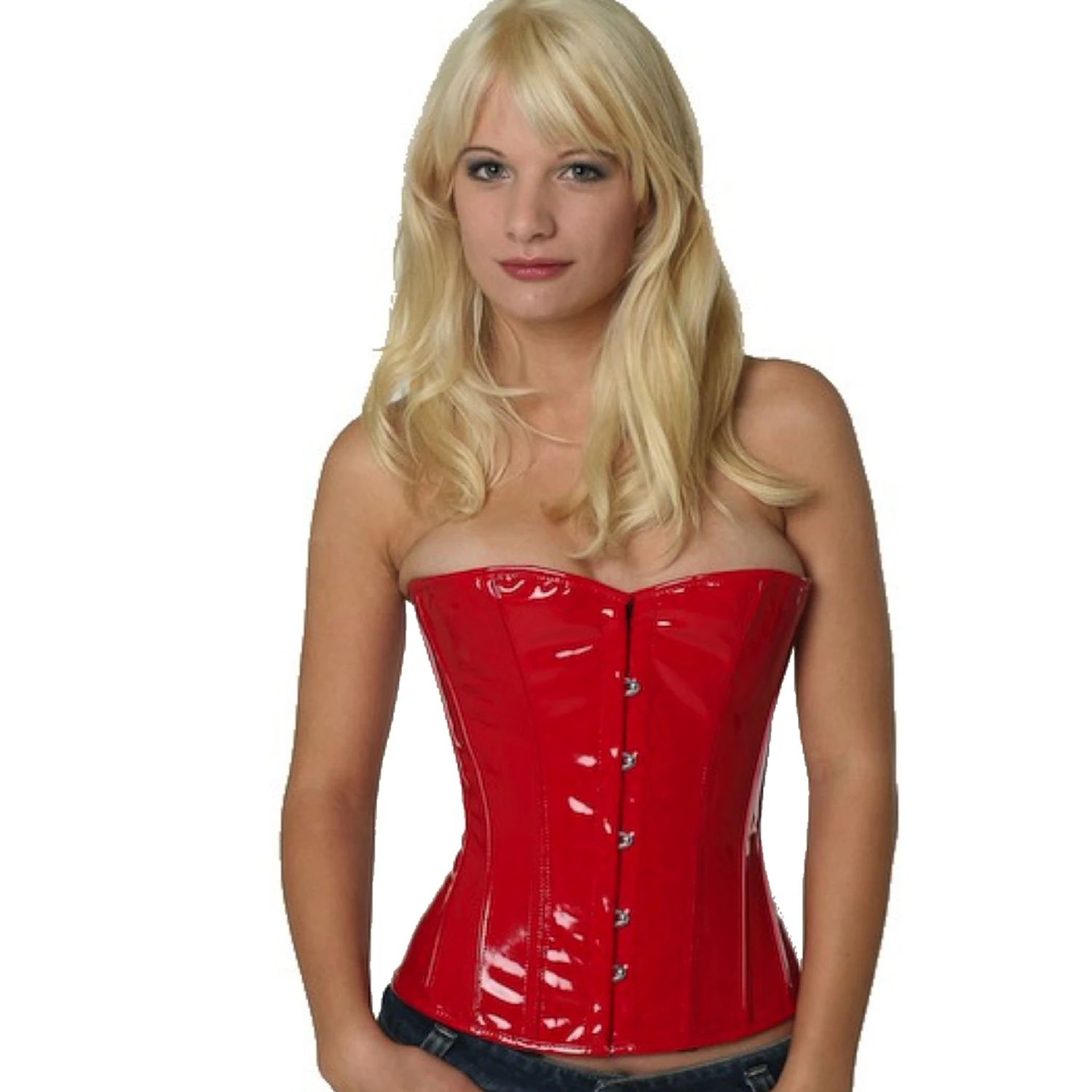 Vinyl underbust corset in red – genuine steel-boned corset for waist reduction Model wearing an elegant vinyl half-bust corset in red with cotton inner lining