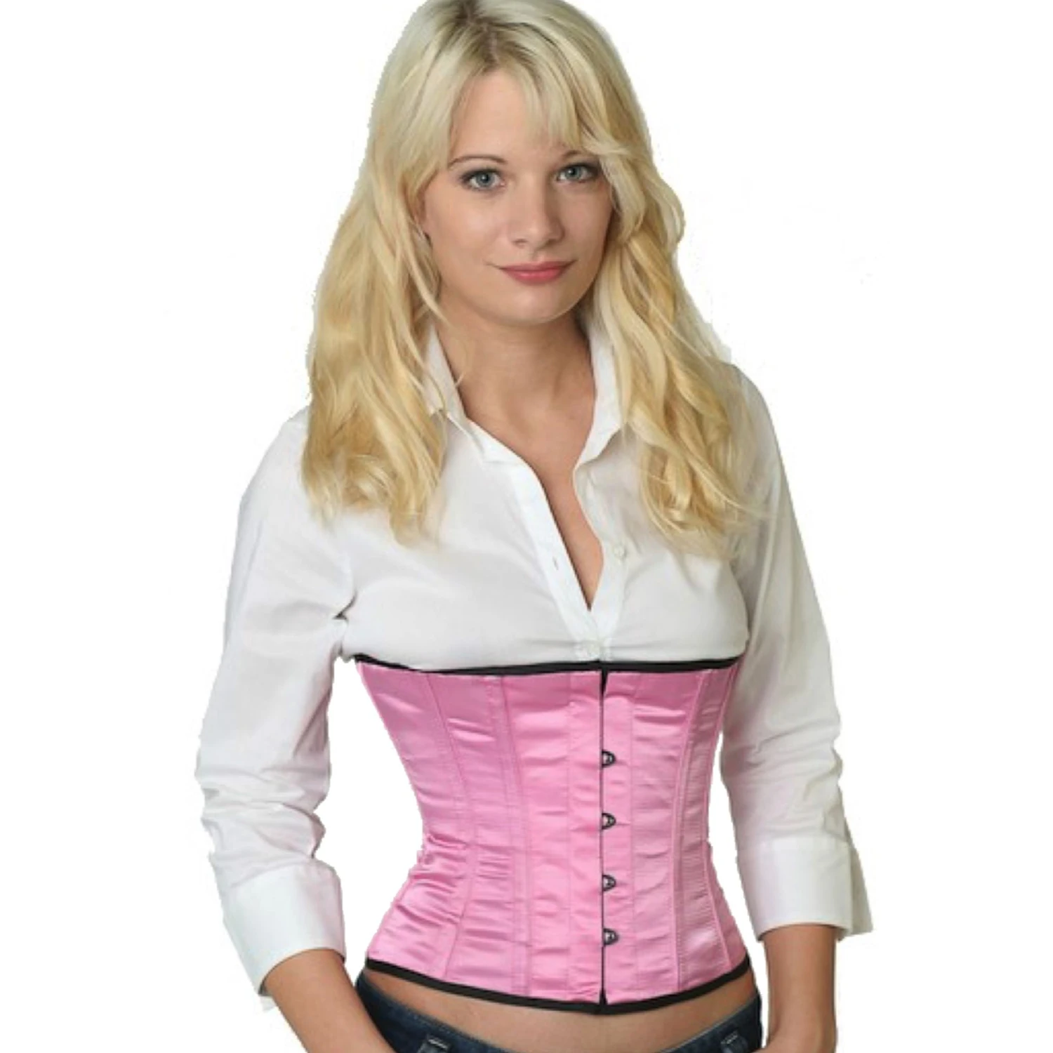 Satin Corset Waist Corset Pink Model wearing an elegant satin waist cincher in pink with cotton inner lining