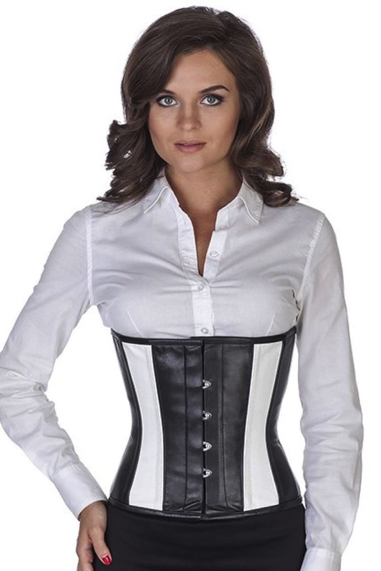 Corset black white leather taille lw35