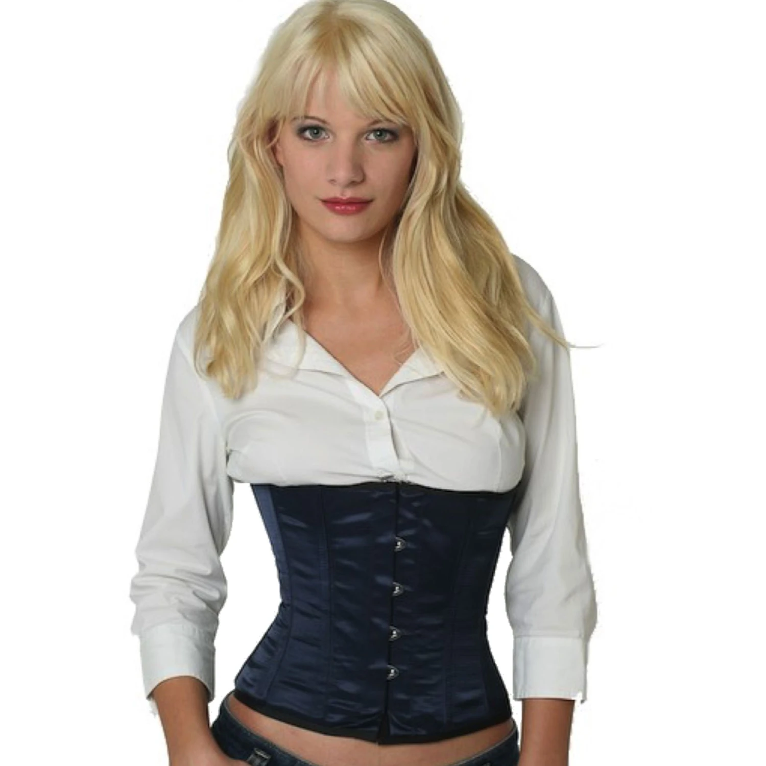 Satin Corset Waist Corset Dark Blue Model wearing an elegant satin waist cincher in dark blue with cotton inner lining