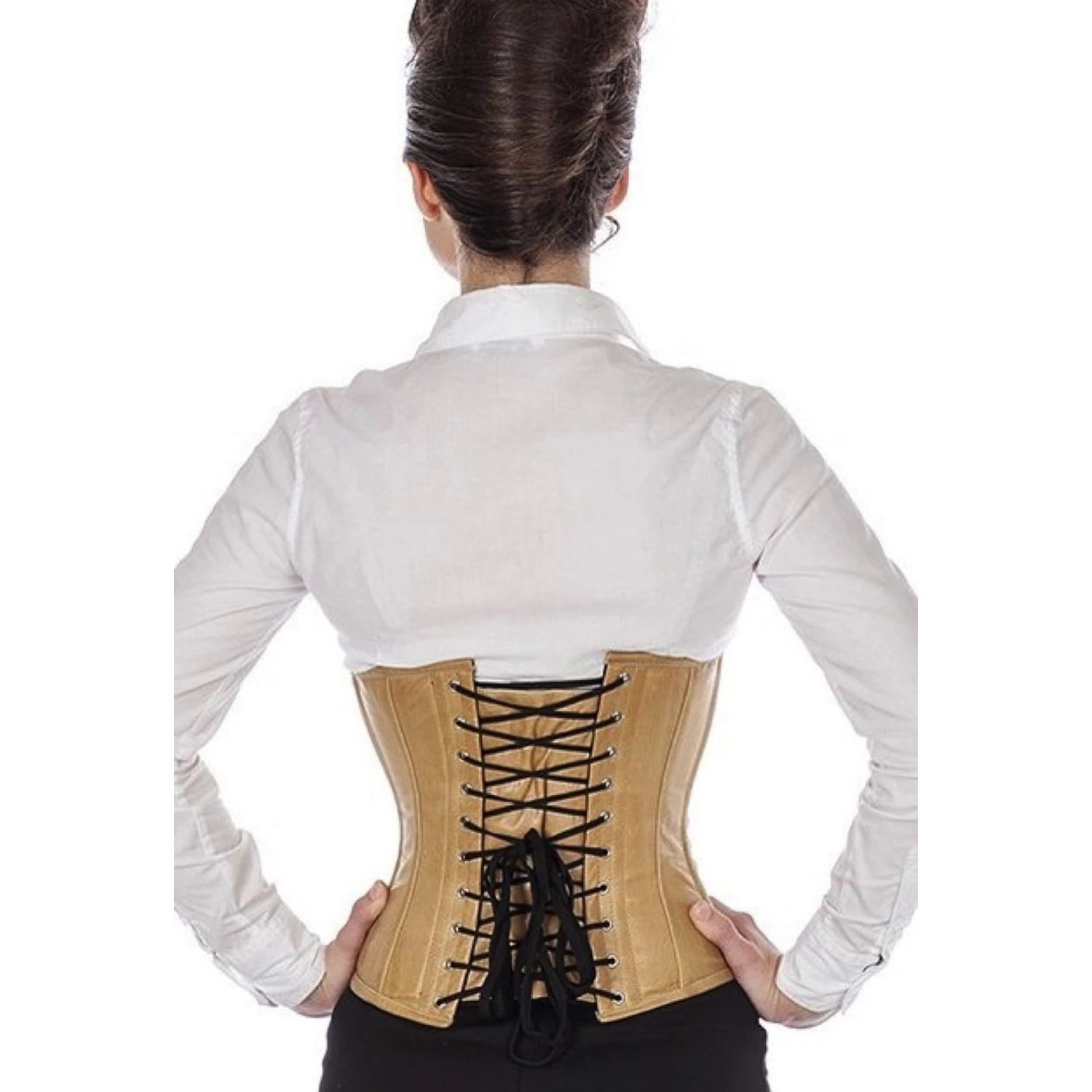 Espartilho de couro Espartilho de cintura Bege Vista traseira na modelo para o corset de couro taillenkorsett em beige com amarração clássica nas costas e 10 barbatas de aço inoxidável.