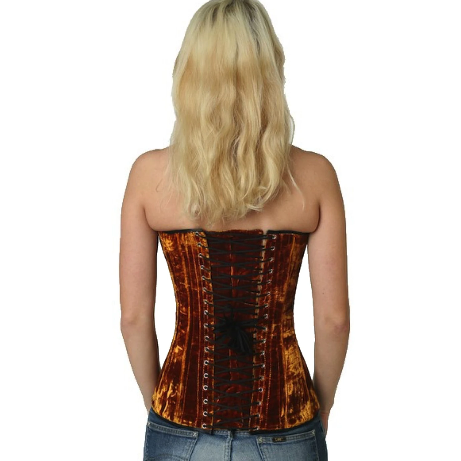 Espartilho Corset dourado veludo vy64 Vista traseira de uma modelo com corset de amarração em veludo overbust em ouro com laços clássicos nas costas