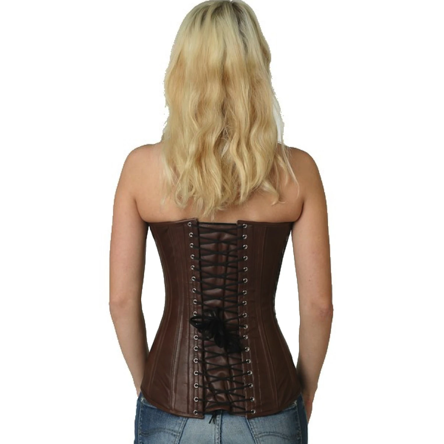 Espartilho de couro de busto completo castanho – couro genuíno sob medida Vista traseira na modelo para o corset de couro vollbrustkorsett em marrom com amarração clássica nas costas e 14 barbatanas de aço inoxidável.