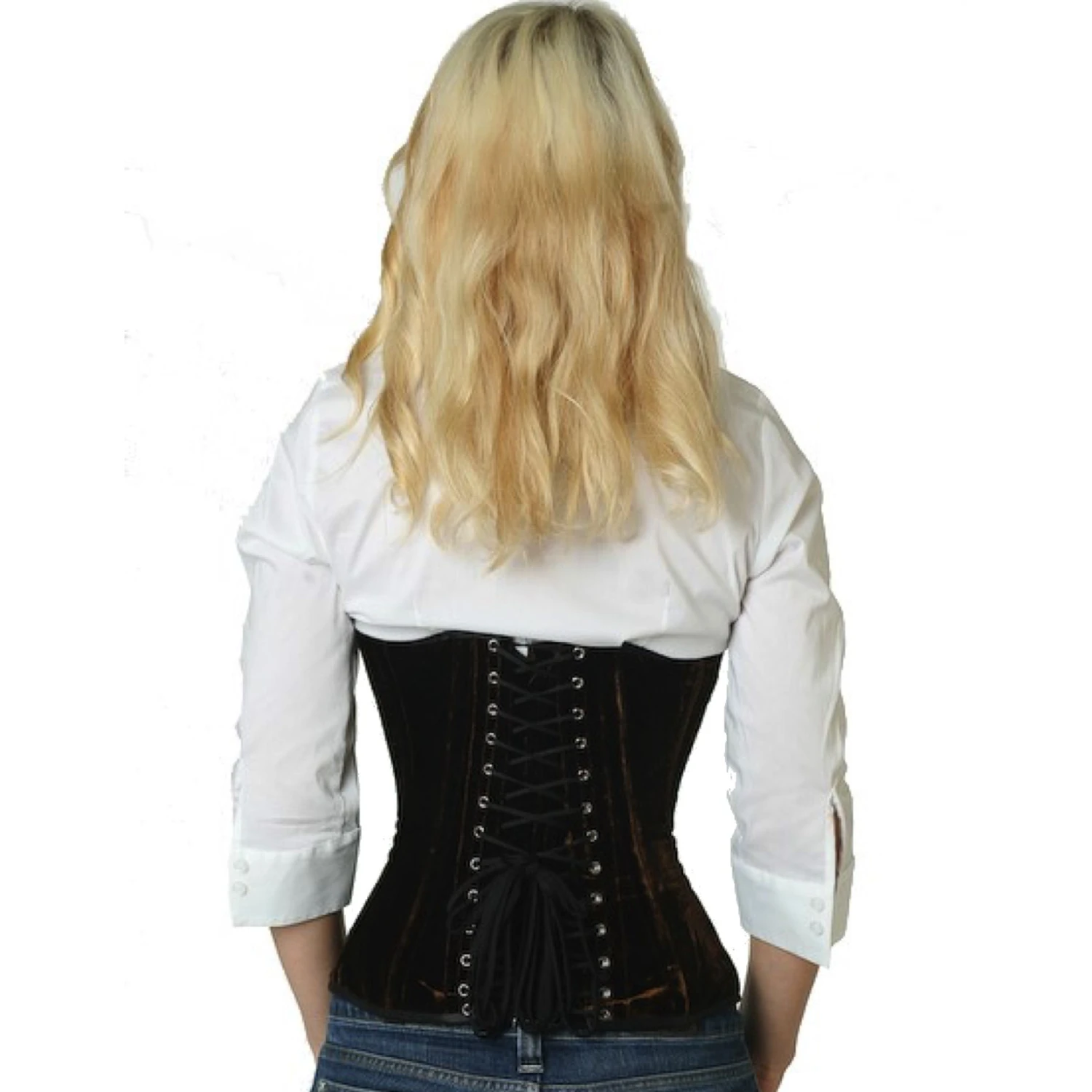Velvet corset half-bust corset brown Back view of a model in a velvet demi-bust tightlacing corset in brown with classic back lacing