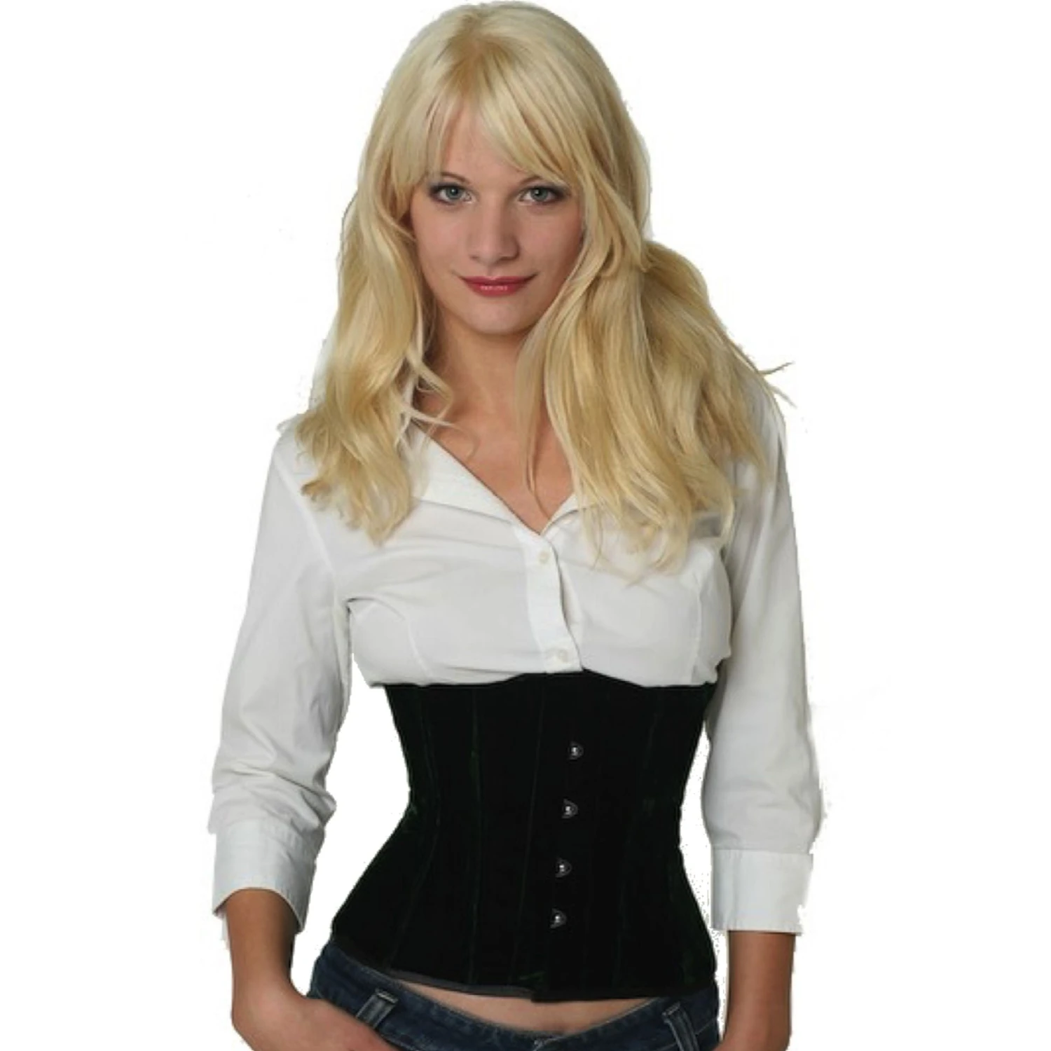 Modelo vestindo um elegante corset de cintura de veludo verde com forro interno de algodão