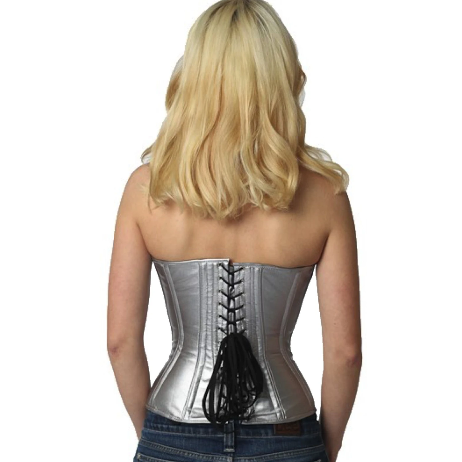 PVC underbust corset in silver – genuine steel-boned corset with a brilliant high-gloss finish Back view of a model in a vinyl half-bust tightlacing corset in silver with classic back lacing