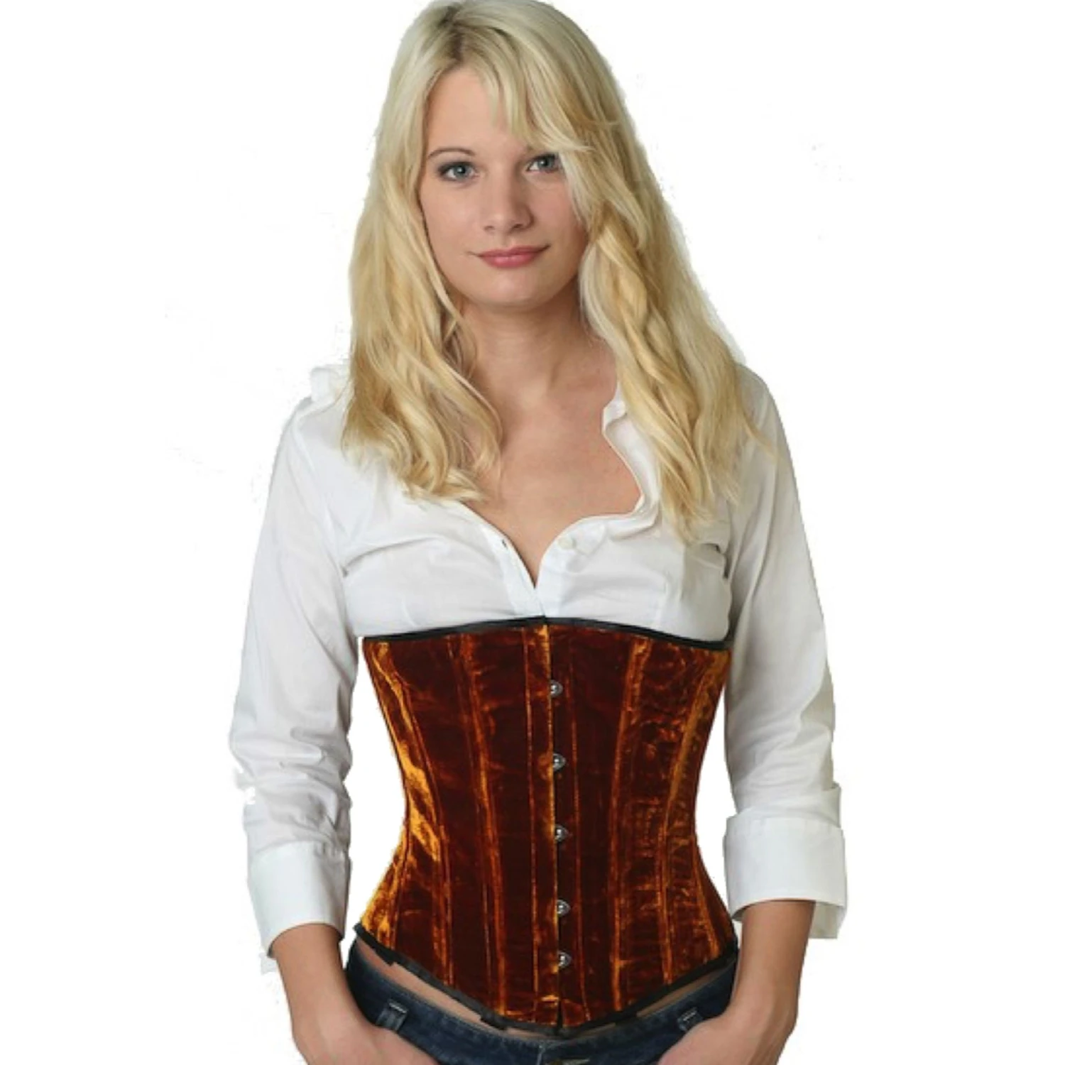Underbust Velvet Corset in Gold Model wearing an elegant velvet underbust corset in gold with cotton inner lining